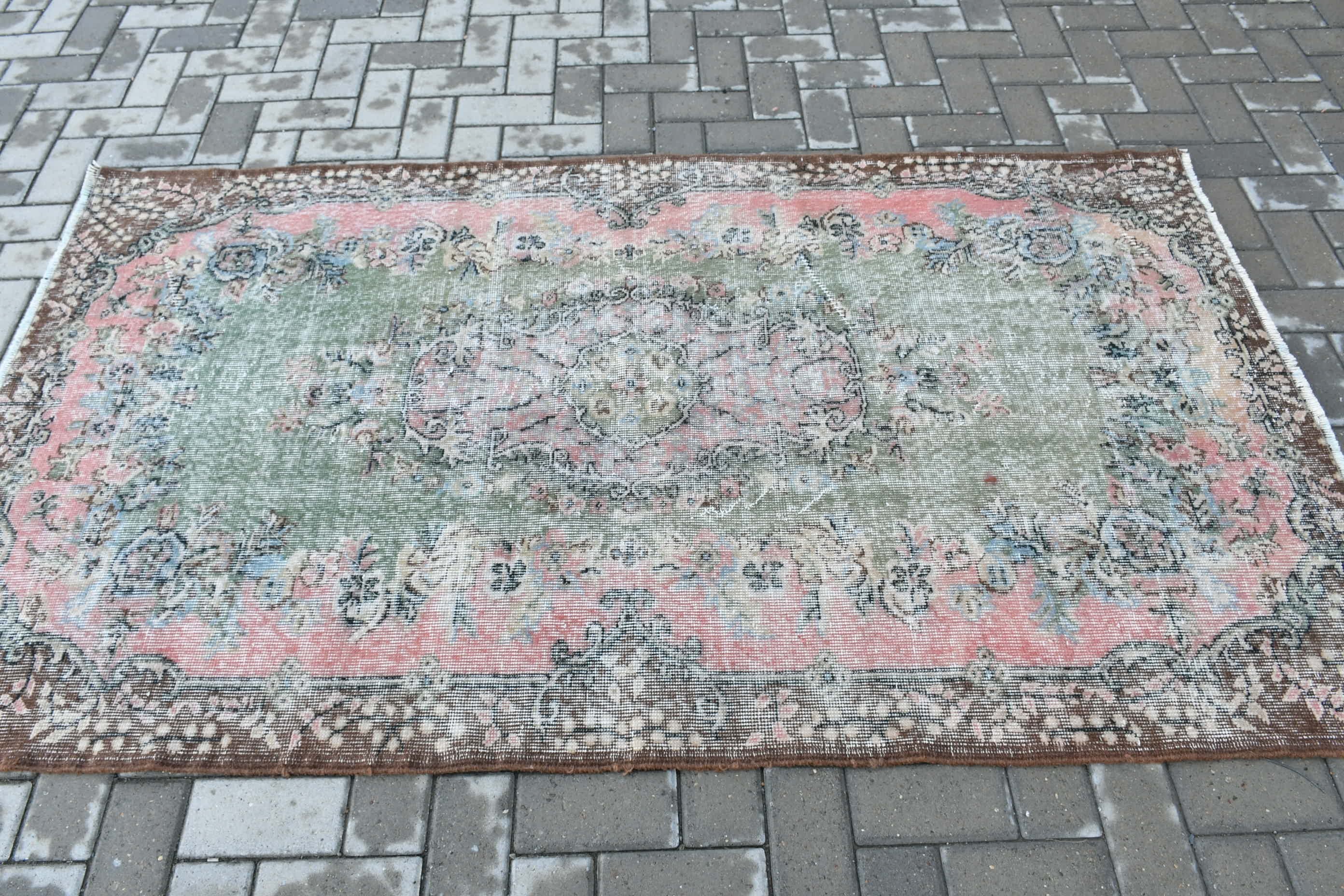 Vintage Halılar, 3,9x6,9 ft Alan Halıları, Alan Halıları, Pembe Yün Halılar, Mutfak Halısı, Türk Halıları, Yatak Odası Halıları, Antika Halılar