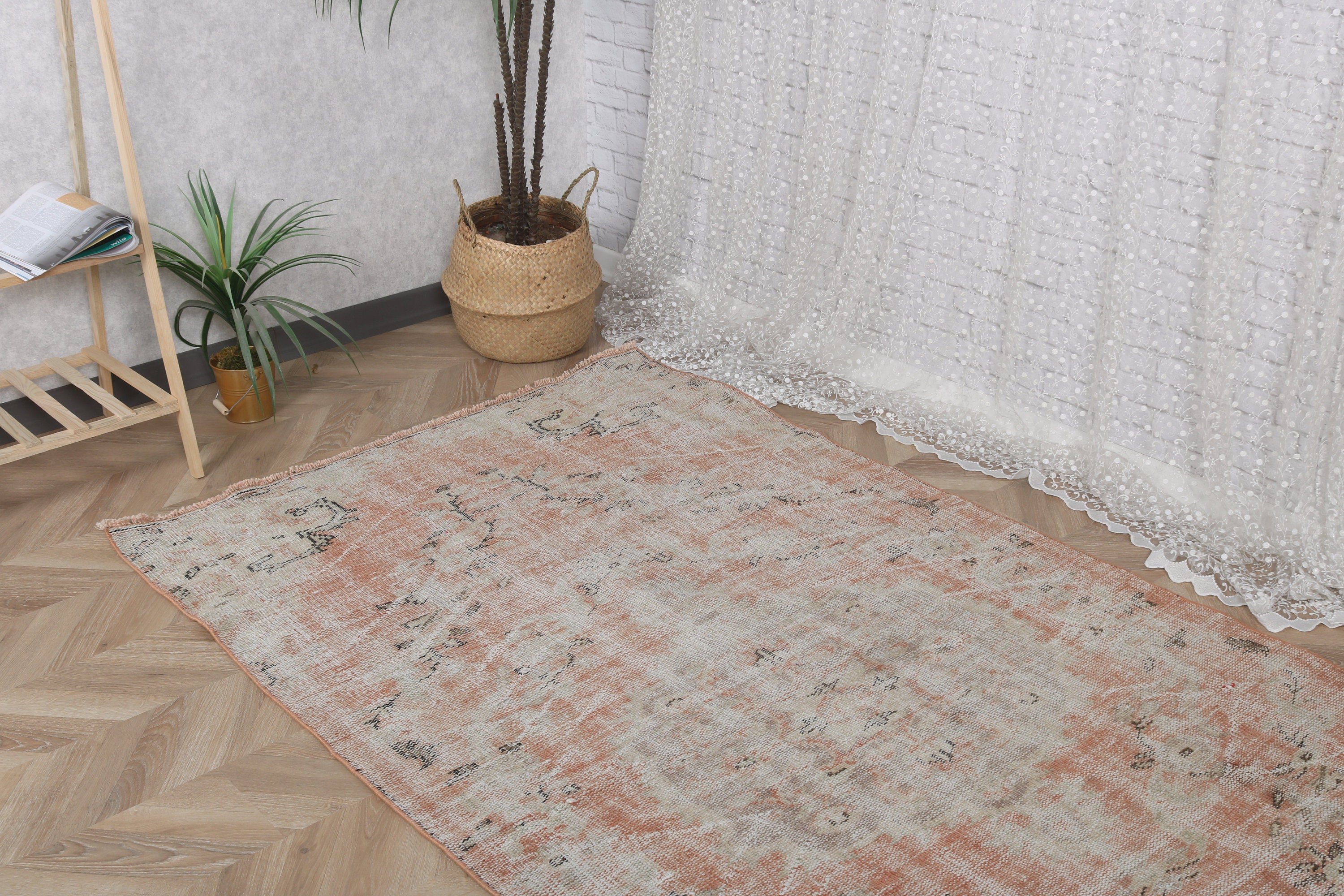 Boho Bölge Halıları, Yün Halı, Çocuk Halısı, 4x7,5 ft Alan Halıları, Türk Halısı, Vintage Halı, Oushak Bölgesi Halıları, Fas Halıları, Turuncu Yün Halı