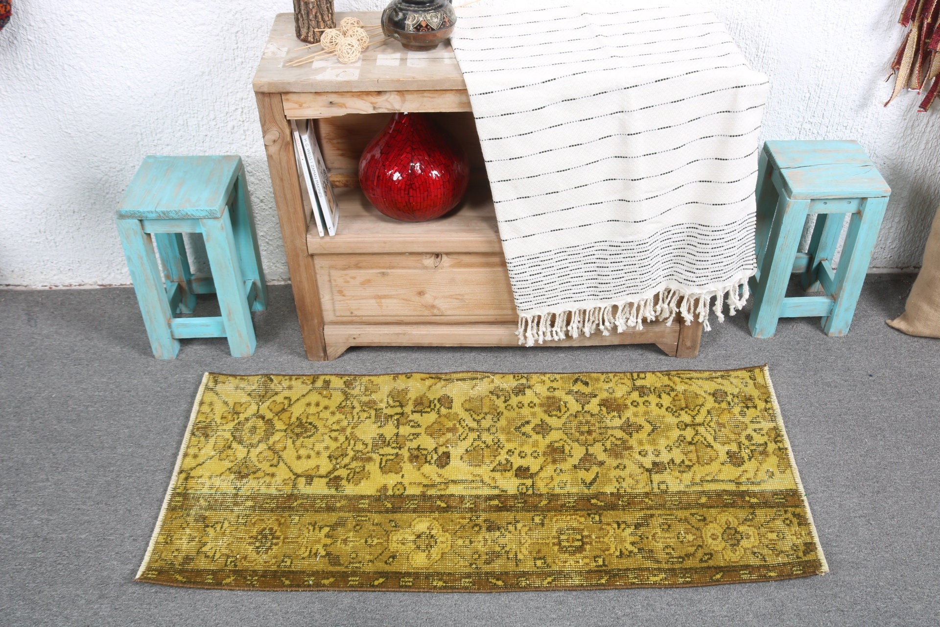 1.6x3.6 ft Small Rugs, Vintage Rug, Bath Rug, Car Mat Rug, Rugs for Entry, Home Decor Rug, Yellow Kitchen Rug, Turkish Rug, Oushak Rugs
