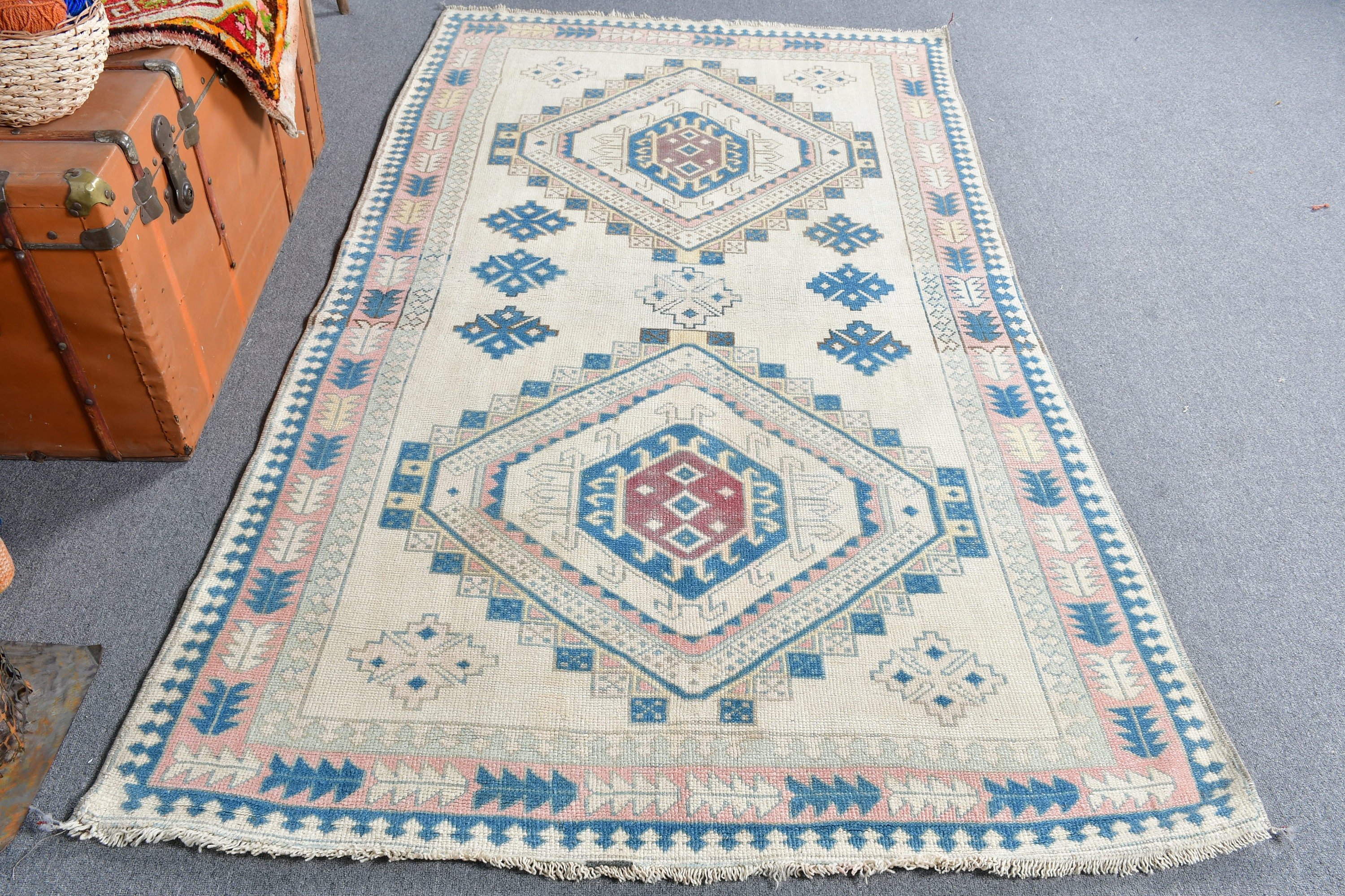 Oushak Halıları, Vintage Halı, Oturma Odası Halıları, Türk Halısı, Oryantal Halı, 4,2x7,4 ft Alan Halısı, Pastel Halı, Alan Halıları, Bej Anadolu Halısı