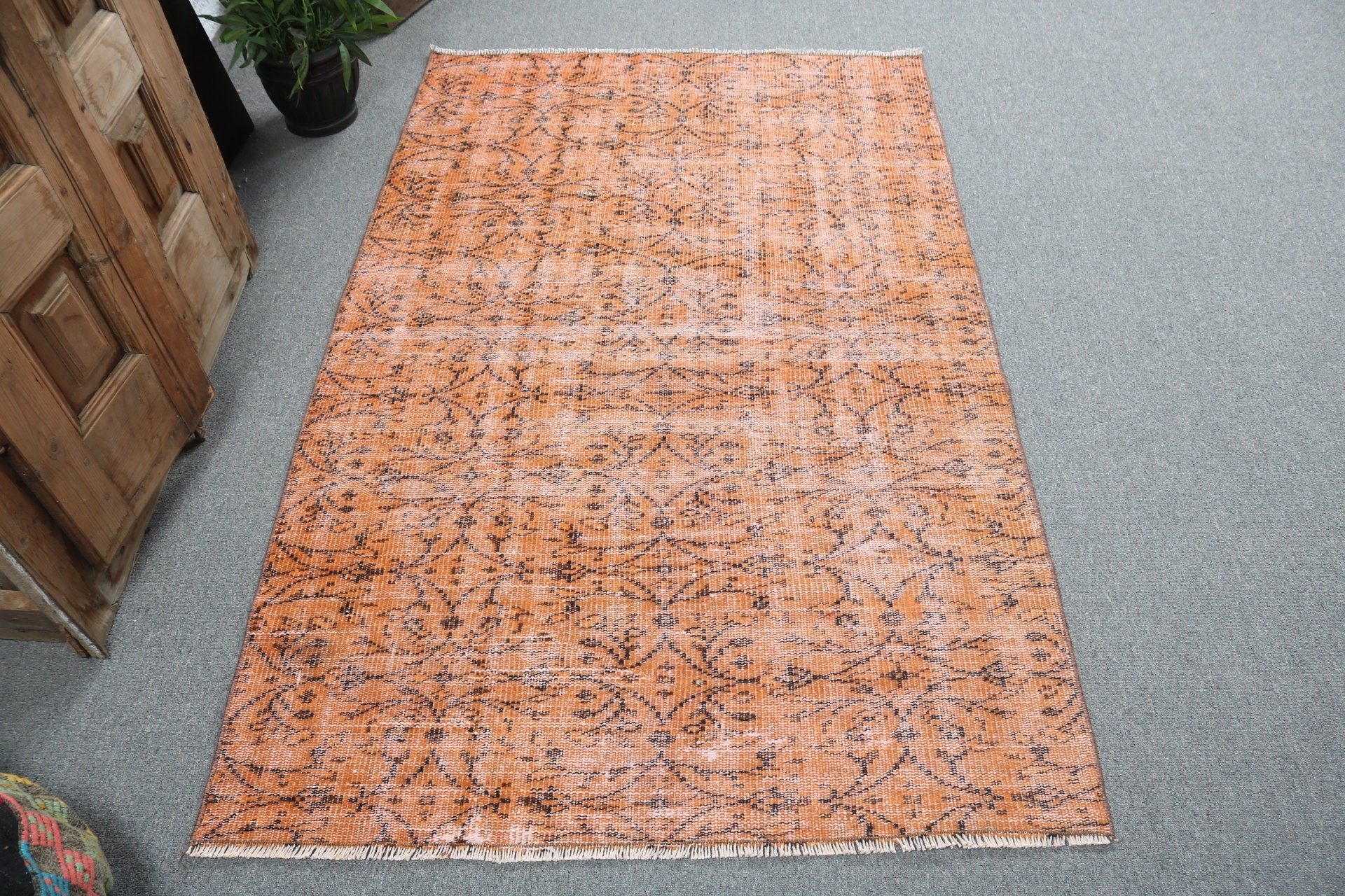 Turuncu Antika Halı, Geometrik Halı, Vintage Vurgulu Halılar, Ev Dekorasyonu Halıları, 3.7x5.9 ft Vurgulu Halı, Çocuk Halısı, Türk Halıları, Vintage Halı