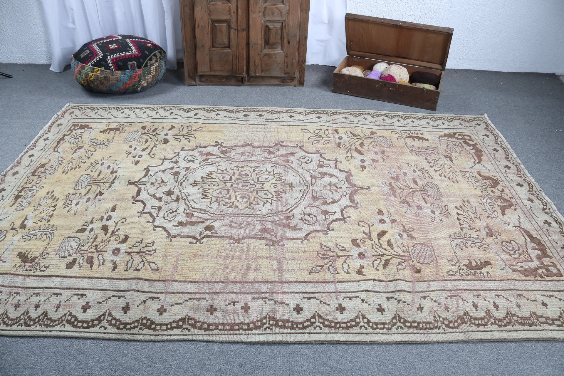 6.1x9.3 ft Büyük Halı, Vintage Halılar, Yemek Odası Halıları, Modern Halılar, Oturma Odası Halısı, Boho Halısı, Sanatsal Halı, Sarı Yün Halı, Türk Halısı