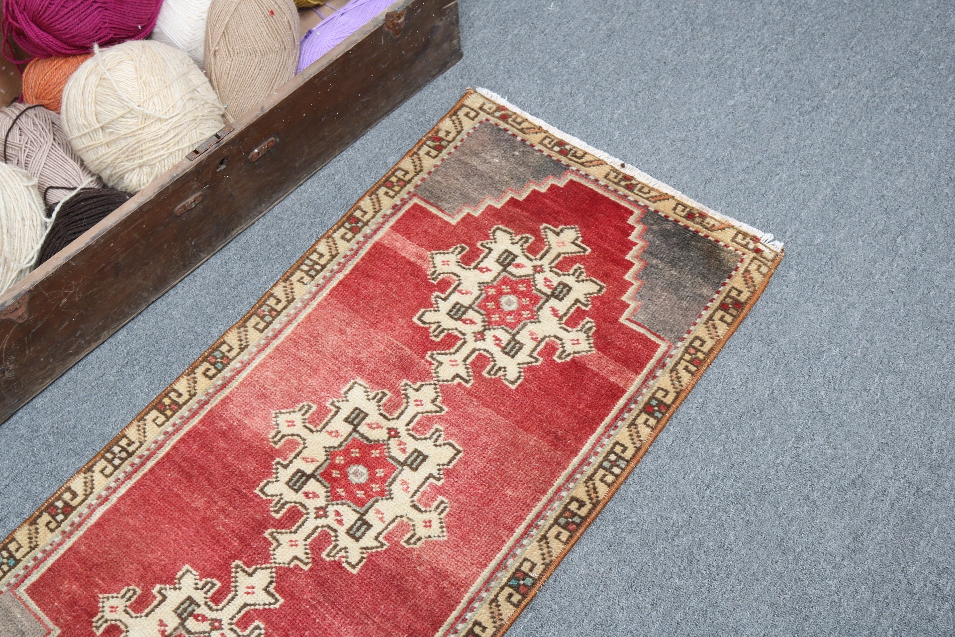 Küçük Alan Halıları, Vintage Halılar, Yün Halı, 1,5x3,2 ft Küçük Halı, Araba Paspas Halıları, Kırmızı Yün Halı, Yatak Odası Halısı, Boho Halısı, Türk Halısı