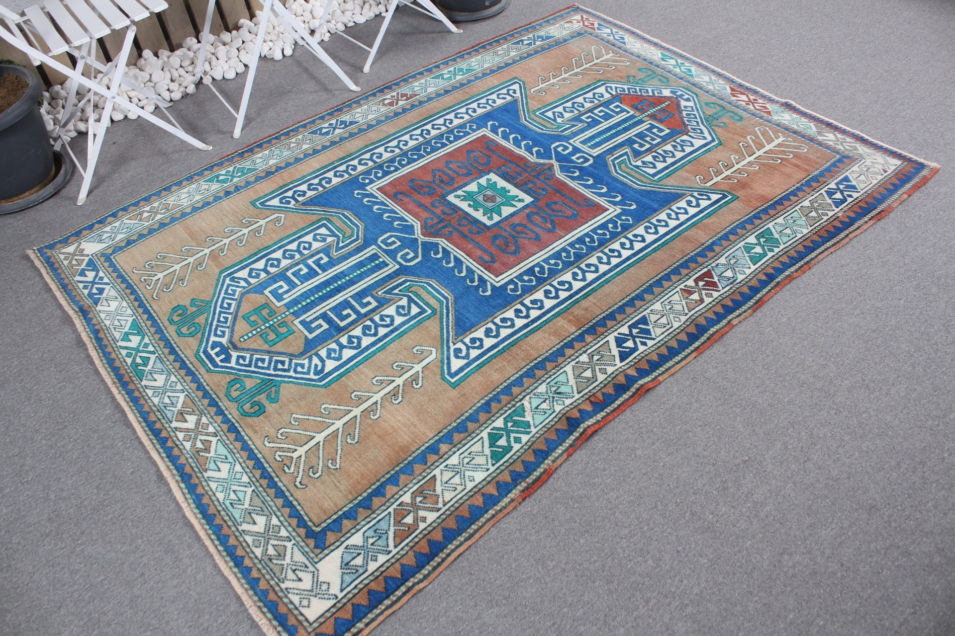 Vintage Rug, Floor Rug, Vintage Decor Rugs, Turkish Rug, Kitchen Rug, Dining Room Rugs, Blue Floor Rugs, 5x6.9 ft Area Rugs