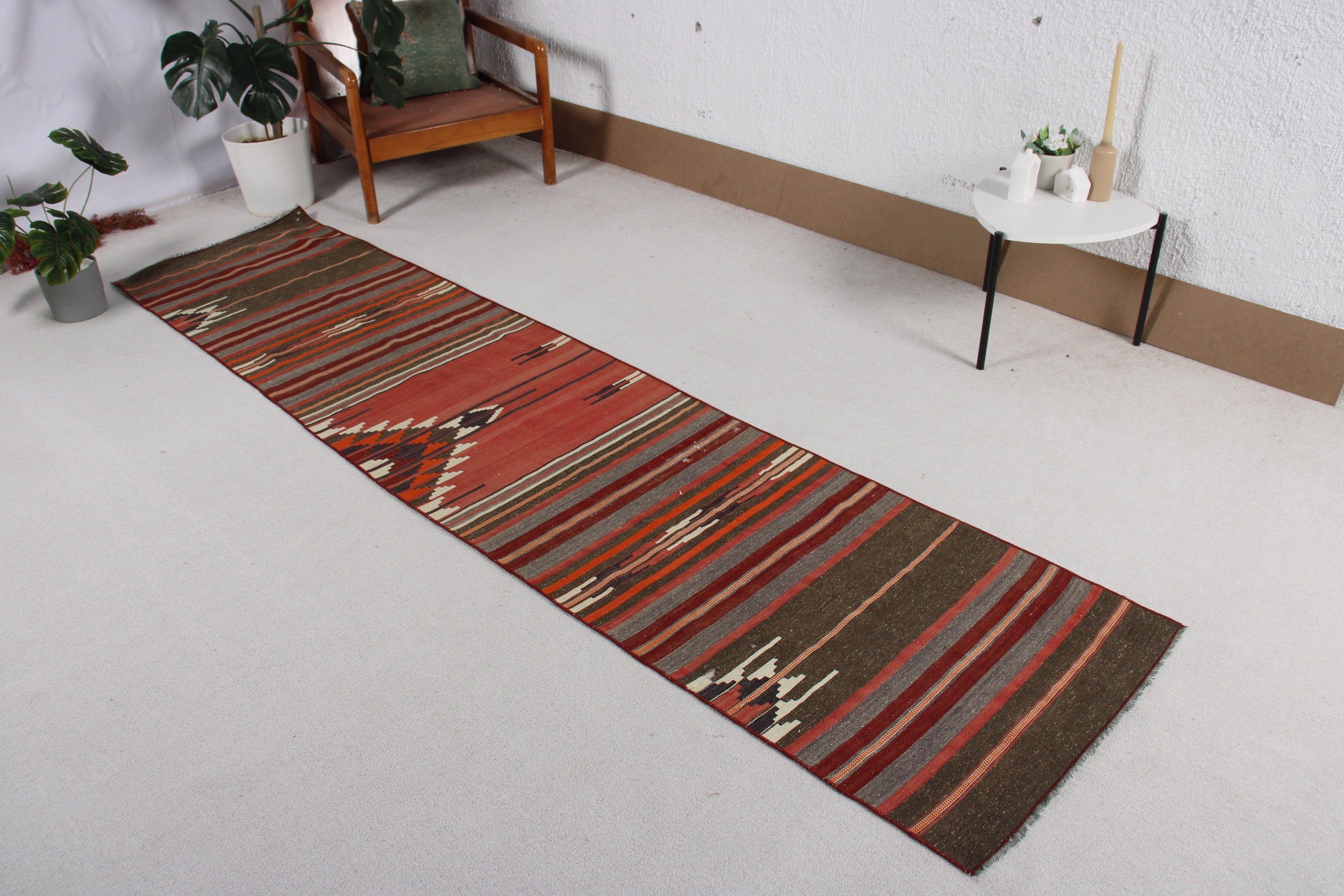 Nötr Halılar, Kilim, 2.2x9.7 ft Yolluk Halı, Türk Halısı, Kırmızı Boho Halılar, Beni Ourain Koşucu Halıları, Düz Dokuma Halı, Merdiven Halısı, Vintage Halılar