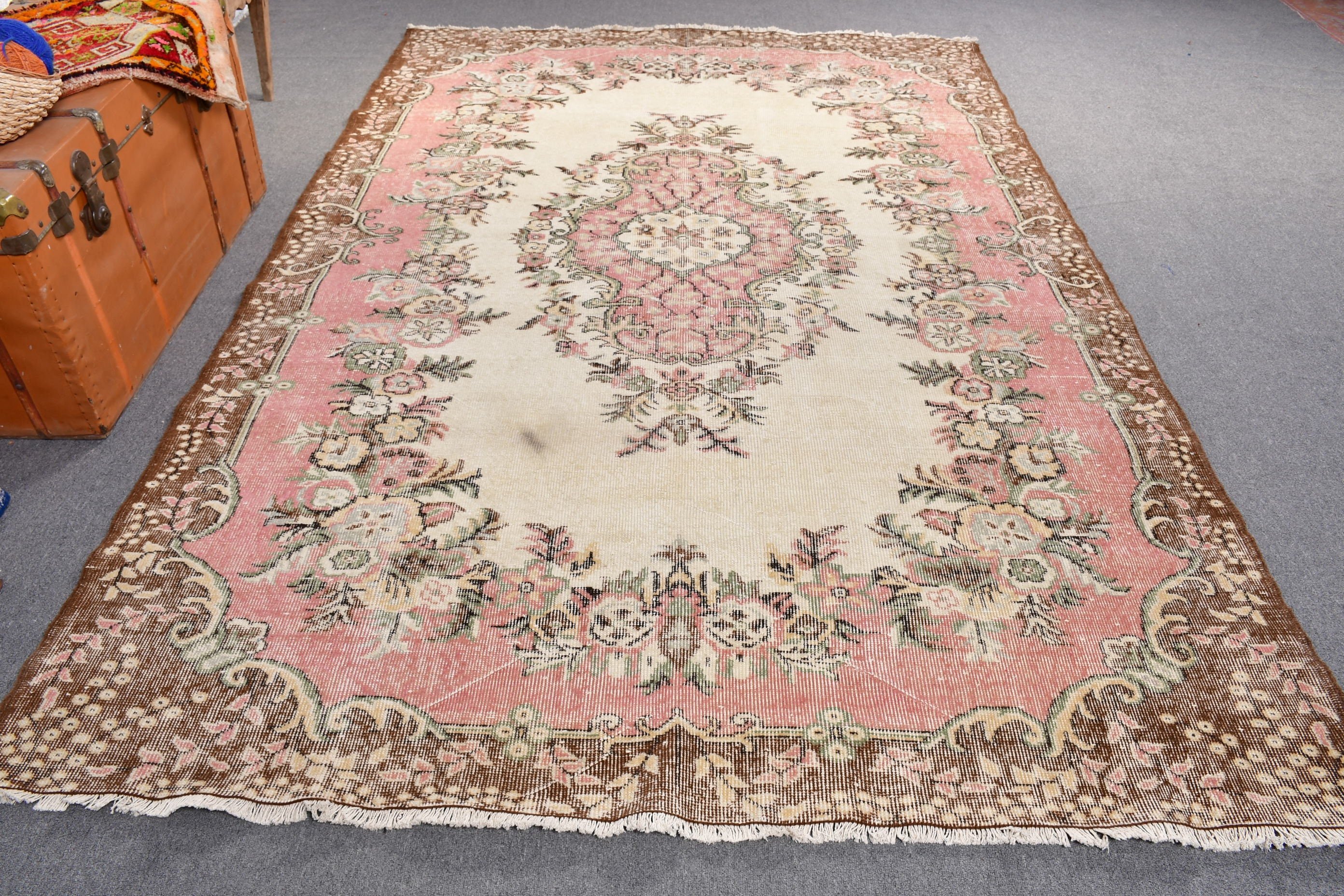 Kahverengi Mutfak Halısı, Yemek Odası Halıları, Vintage Halılar, Büyük Oushak Halıları, Yatak Odası Halıları, Türk Halısı, 6.3x9.6 ft Büyük Halılar, Anadolu Halısı