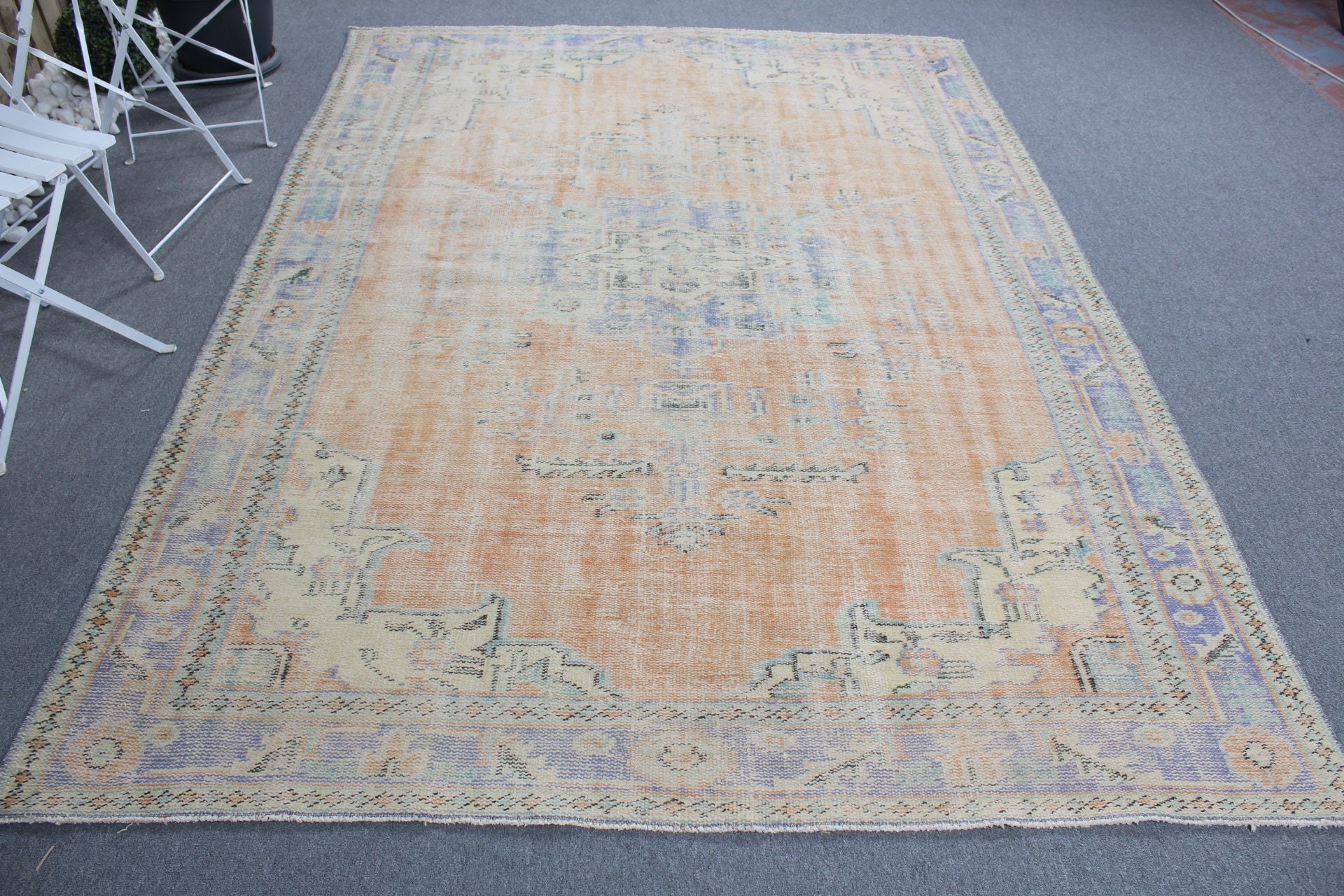 Turuncu Yatak Odası Halısı, Oushak Halısı, Yemek Odası Halısı, 6,3x9,4 ft Büyük Halı, Türk Halısı, Oturma Odası Halıları, Fas Halıları, Vintage Halı