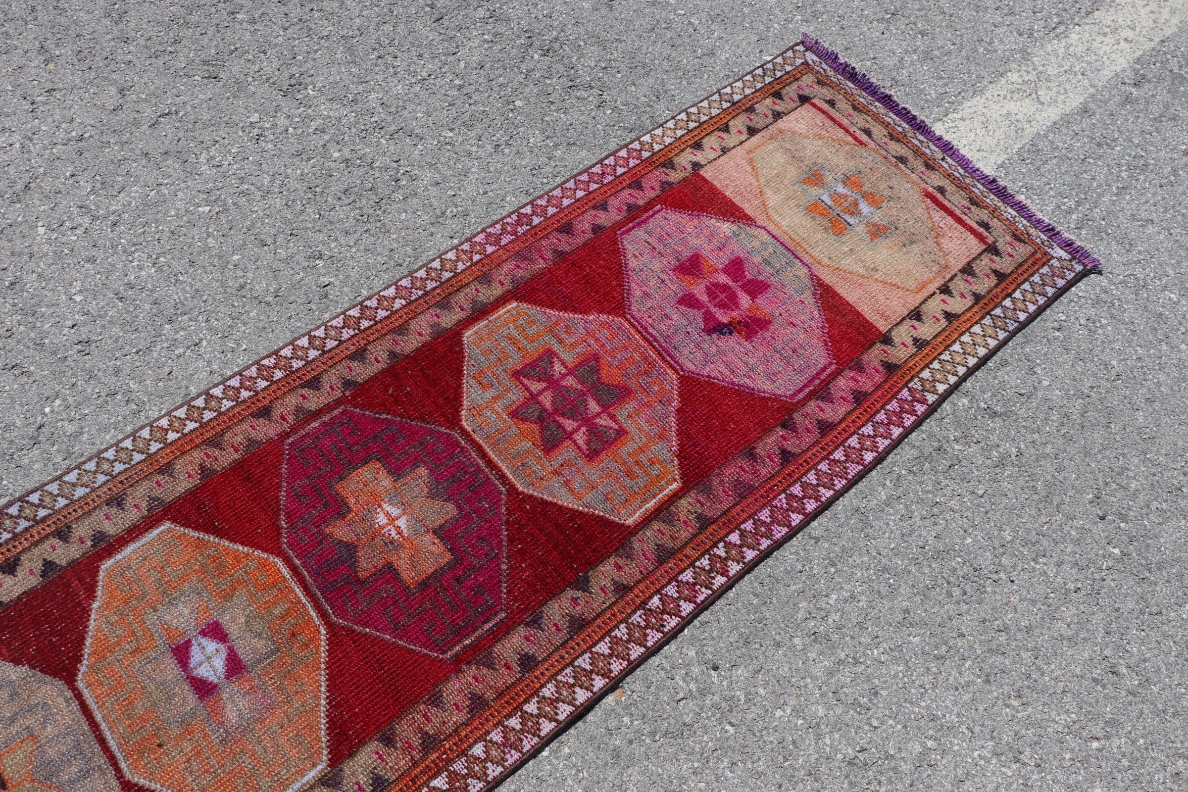 Red  2.3x10.2 ft Runner Rug, Antique Rug, Pale Rugs, Oriental Rug, Vintage Rug, Turkish Rugs, Kitchen Rug, Rugs for Stair