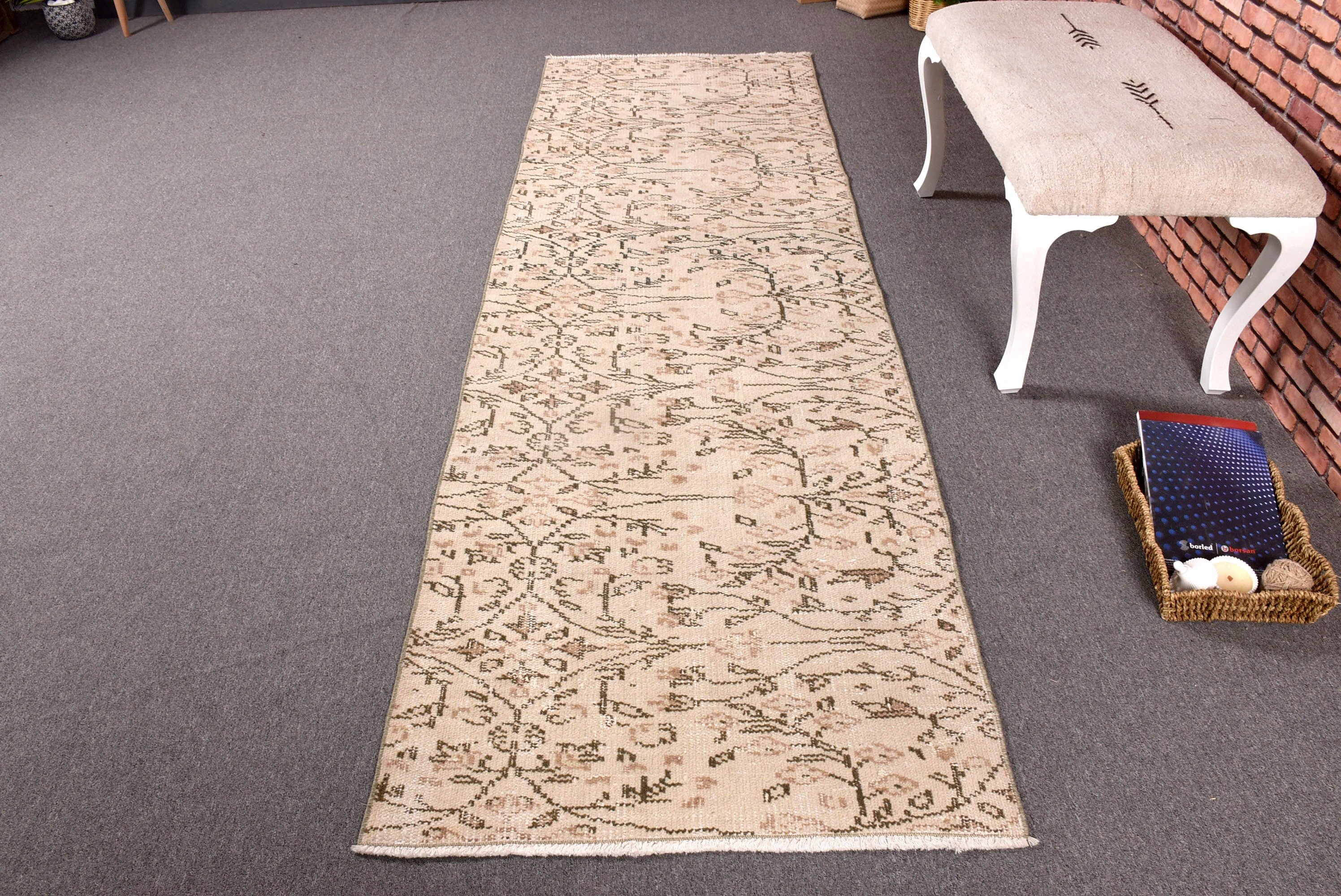 Vintage Runner için Halılar, 2.8x9 ft Runner Halısı, Yer Halısı, Uzun Yolluk Halıları, Vintage Halı, Yatak Odası Halısı, Türk Halısı, Bej Oushak Halıları