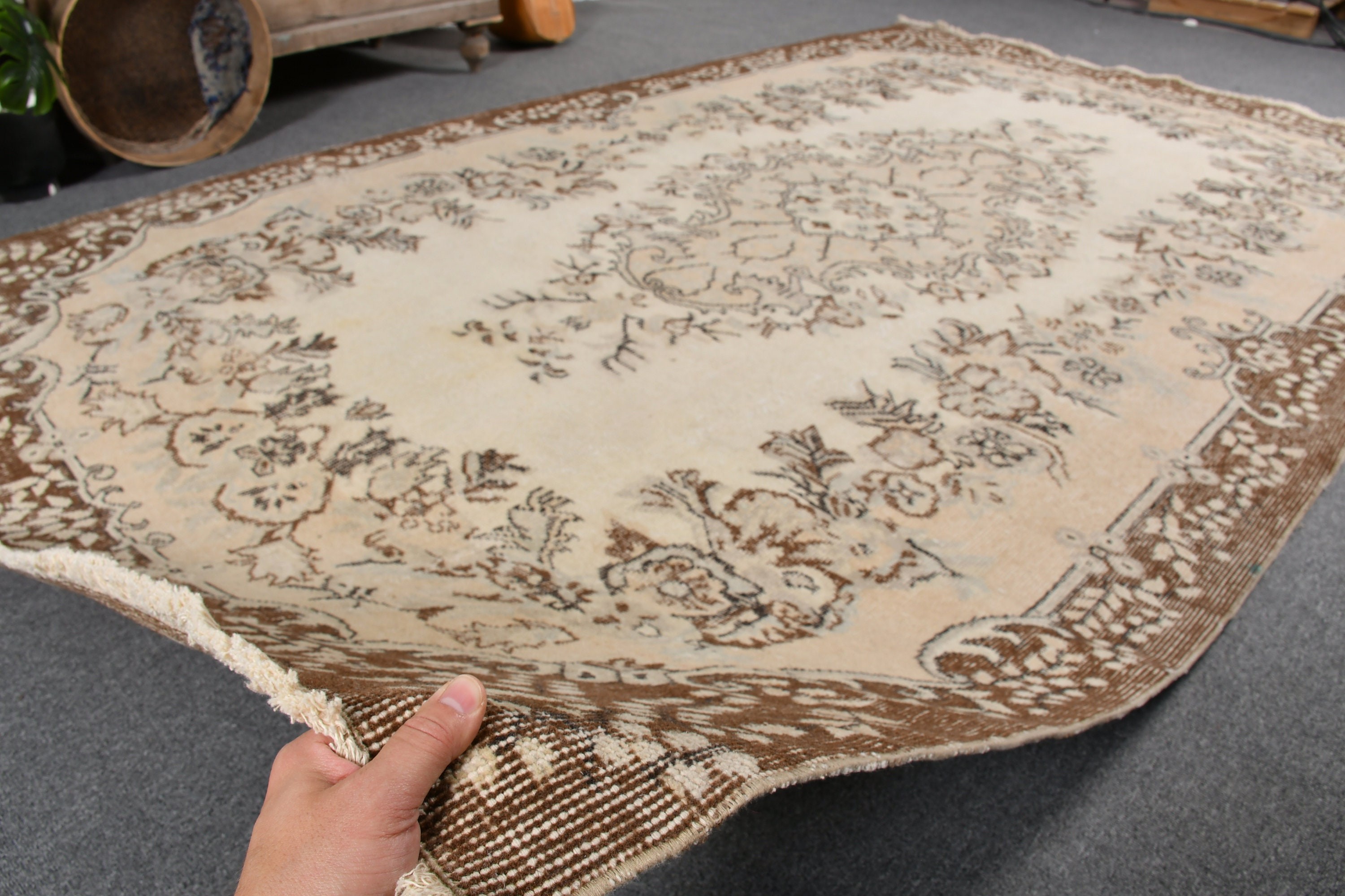 Bej Ev Dekor Halıları, Salon Halısı, 5.8x9.6 ft Büyük Halı, Göçebe Halıları, Türk Halısı, Oushak Halısı, Vintage Halı, Oturma Odası Halısı, Anadolu Halısı