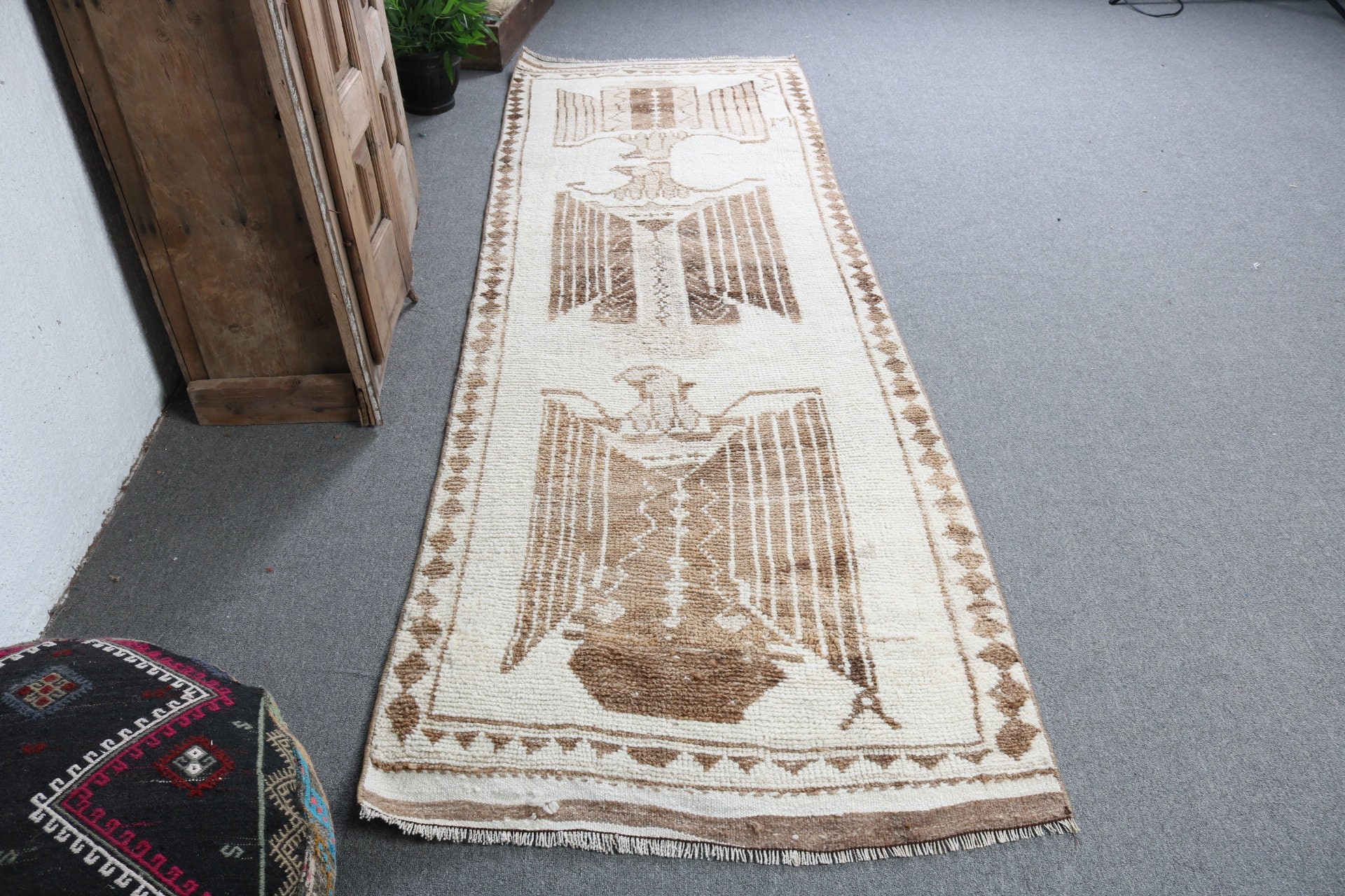 Koridor Halıları, Vintage Halılar, Ev Dekorasyonu Halıları, Vintage Yolluk Halısı, Oushak Halısı, 3.2x9.3 ft Yolluk Halısı, Bej Oryantal Halı, Türk Halısı