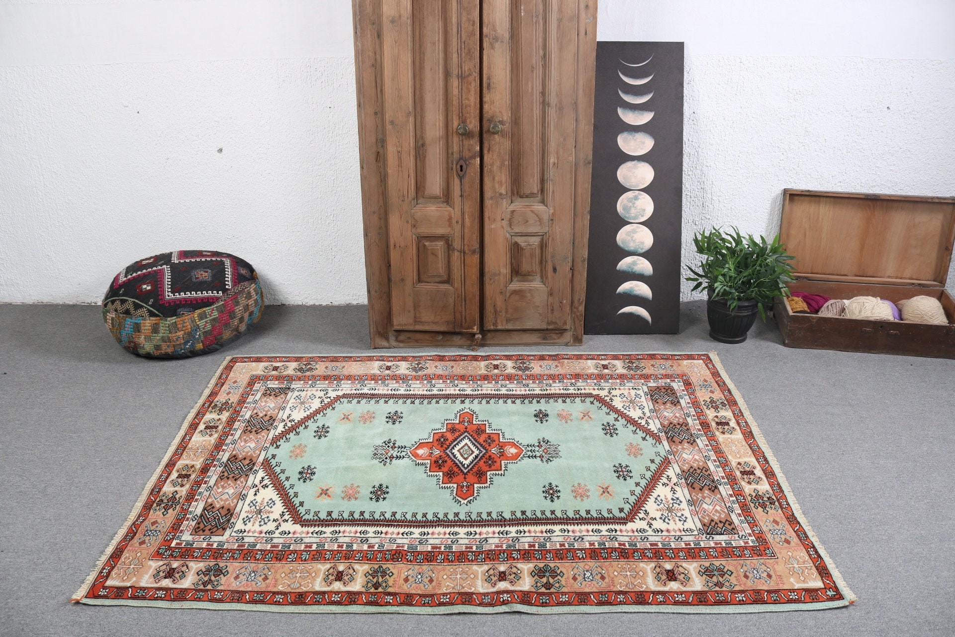 Antika Halı, Vintage Halı, Ev Dekorasyonu Halıları, Yeşil Ev Dekorasyonu Halıları, Yer Halıları, 4.6x6.3 ft Alan Halıları, Boho Halısı, Türk Halısı, Oturma Odası Halısı