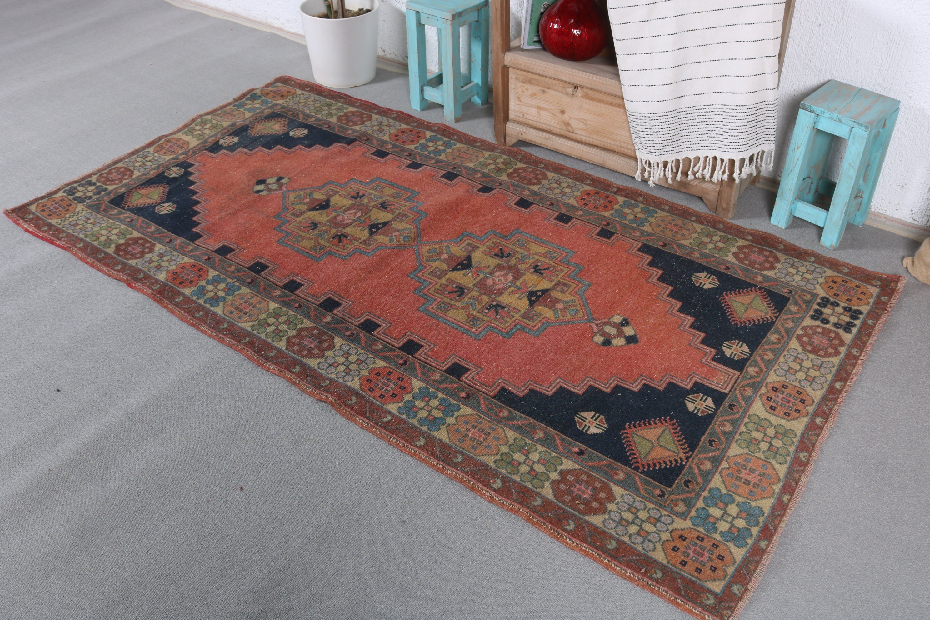 Vintage Rug, Floor Rug, Rugs for Living Room, Turkish Rug, 3.8x7.2 ft Area Rugs, Red Moroccan Rug, Turkey Rug, Antique Rugs, Bedroom Rug