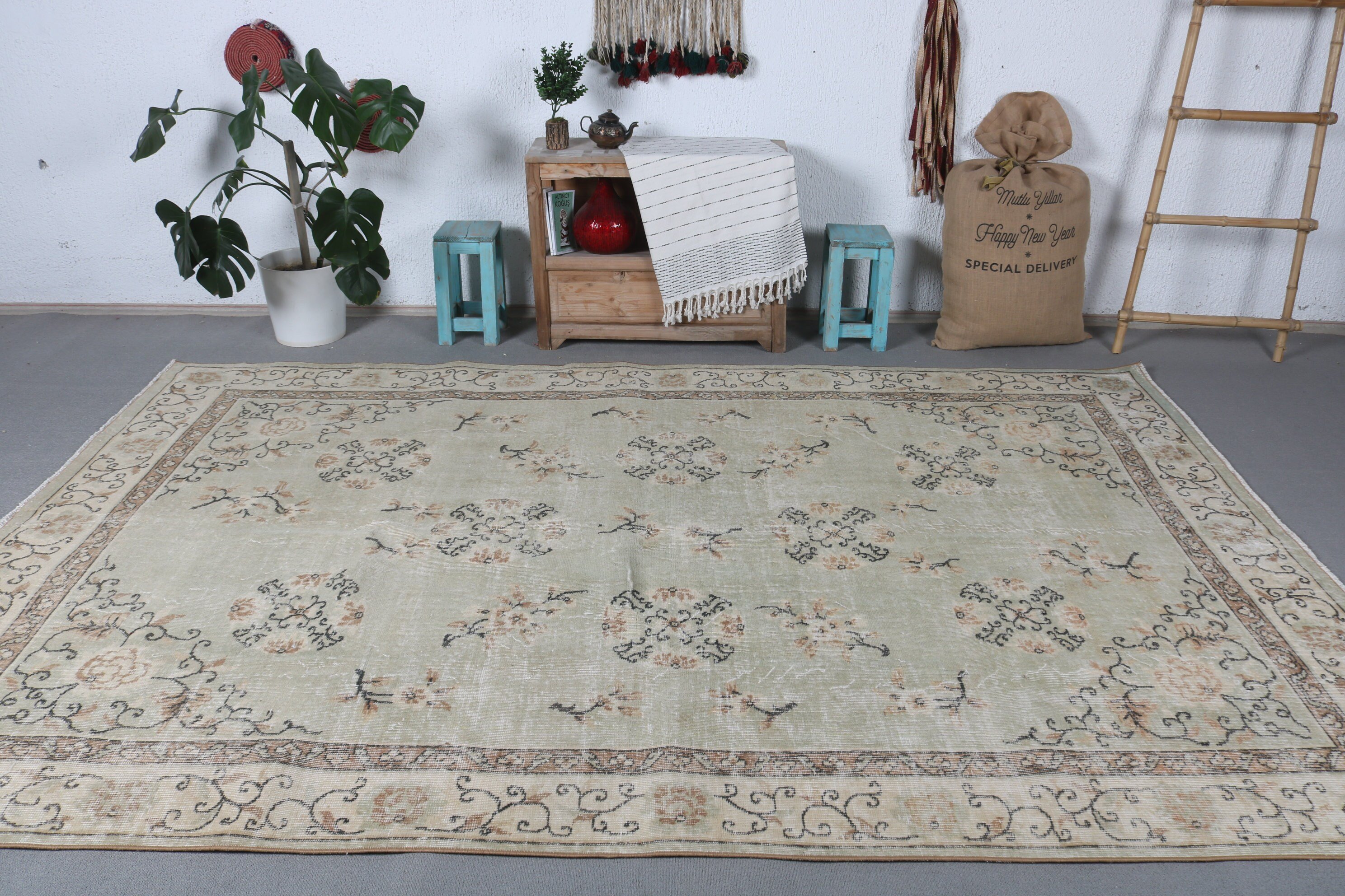 6.6x10.3 ft Large Rugs, Turkish Rug, Living Room Rug, Vintage Rug, Organic Rug, Cool Rugs, Green Home Decor Rug, Dining Room Rug, Wool Rugs