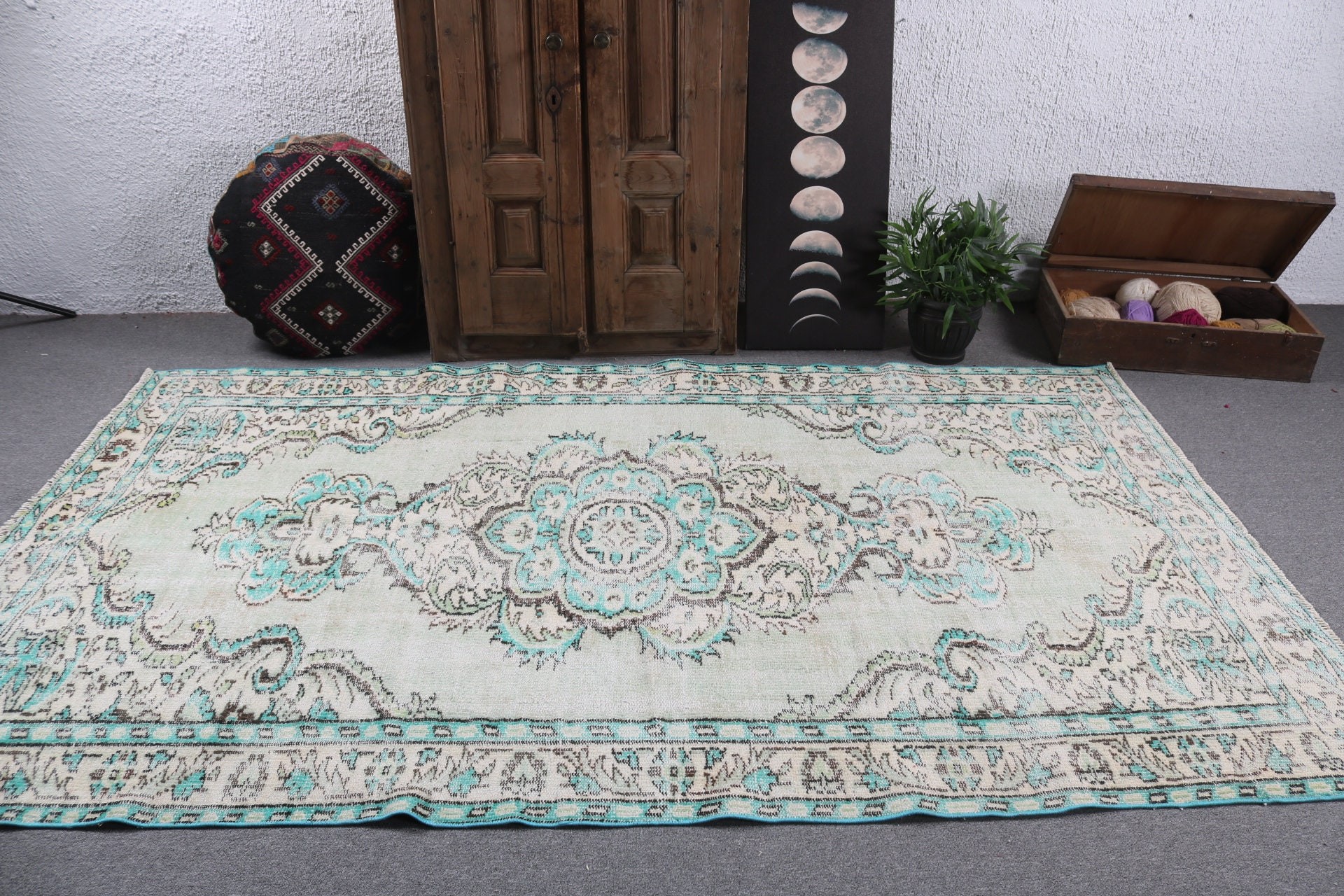 Büyük Oushak Halıları, Fas Halısı, Organik Halı, Türk Halısı, 5,3x9,1 ft Büyük Halılar, Havalı Halılar, Salon Halıları, Vintage Halılar, Yeşil Fas Halıları