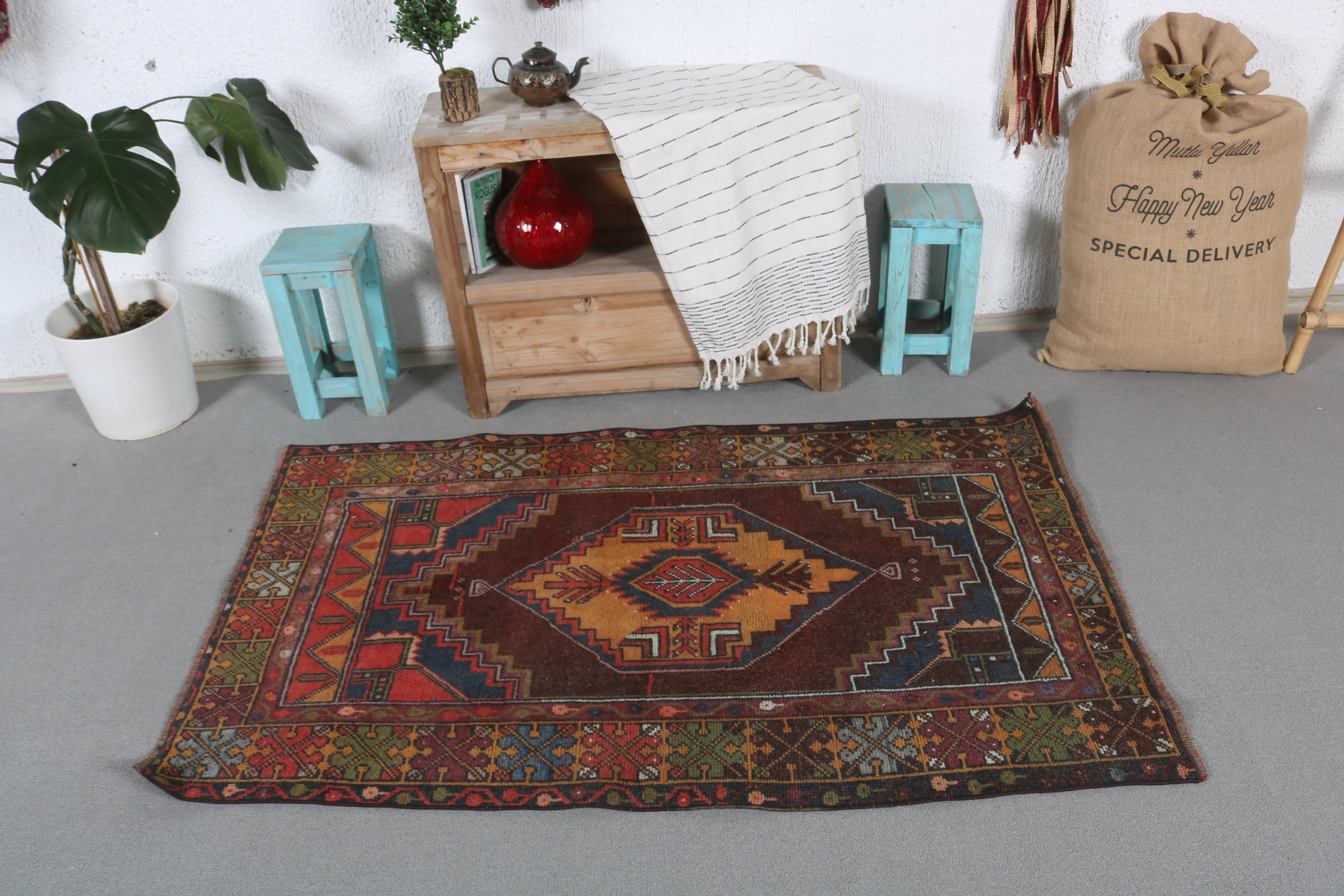 Turkish Rugs, Entryway Rug Rugs, Brown Floor Rug, Rugs for Bedroom, Vintage Rug, Kitchen Rugs, 3x5.1 ft Accent Rug, Entry Rug, Wool Rug