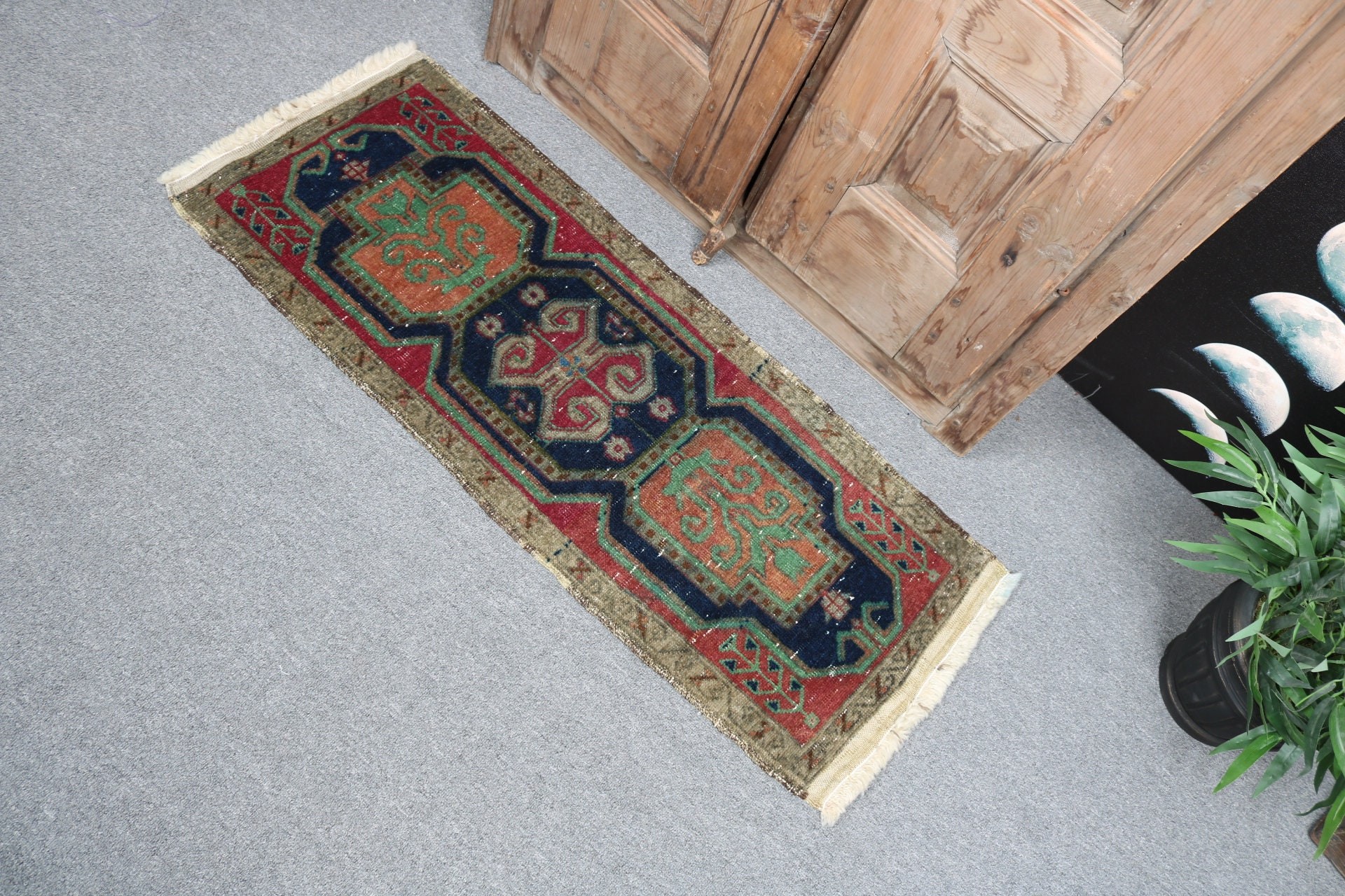 Rugs for Entry, Turkish Rug, 1.4x3.5 ft Small Rug, Vintage Rugs, Neutral Rugs, Green Moroccan Rugs, Floor Rugs, Nursery Rugs, Car Mat Rug