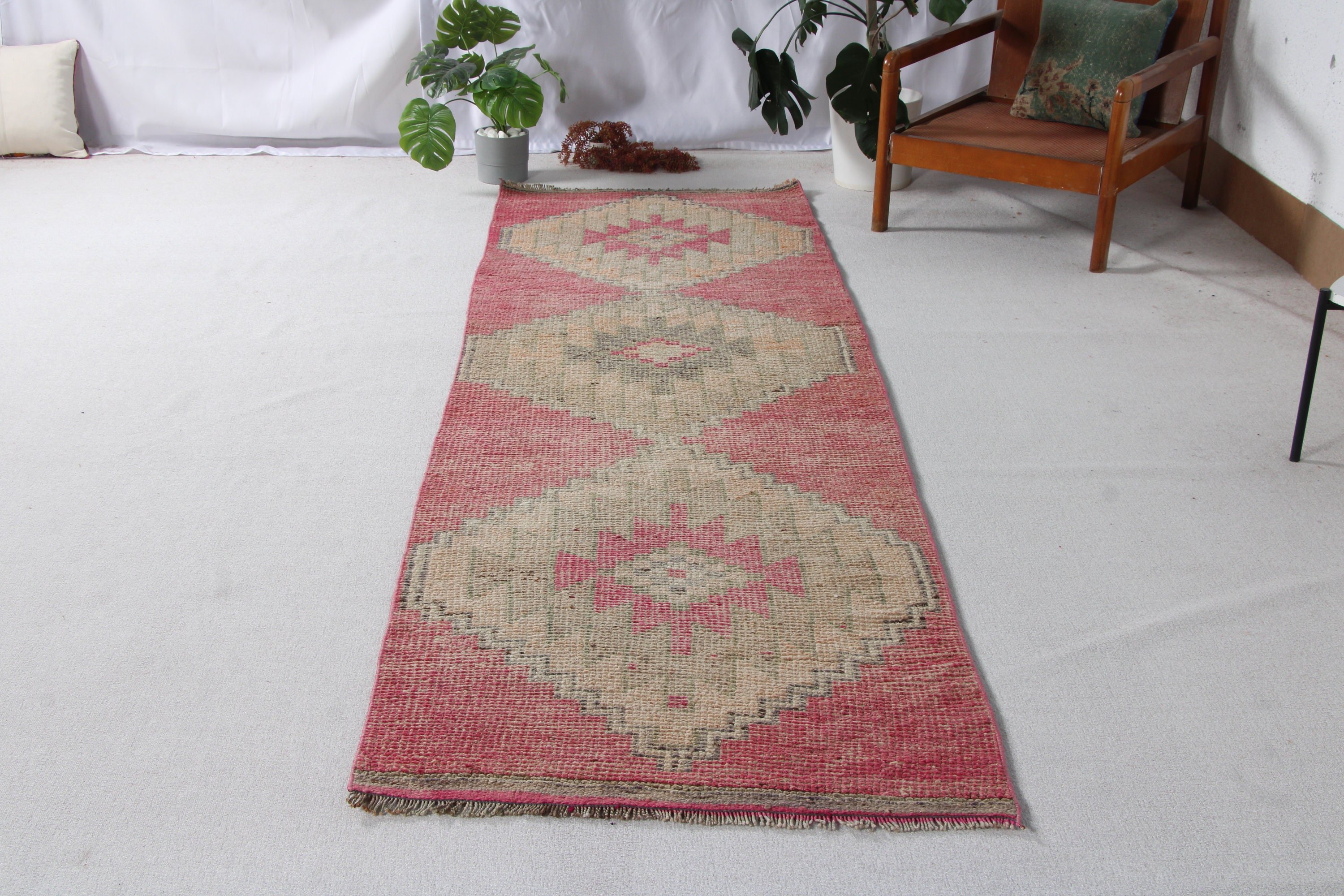 Mutfak Halıları, Merdiven Halısı, Vintage Halılar, Boho Halısı, Pembe Oushak Halısı, Anadolu Halıları, 3x10.4 ft Runner Halısı, Türk Halıları