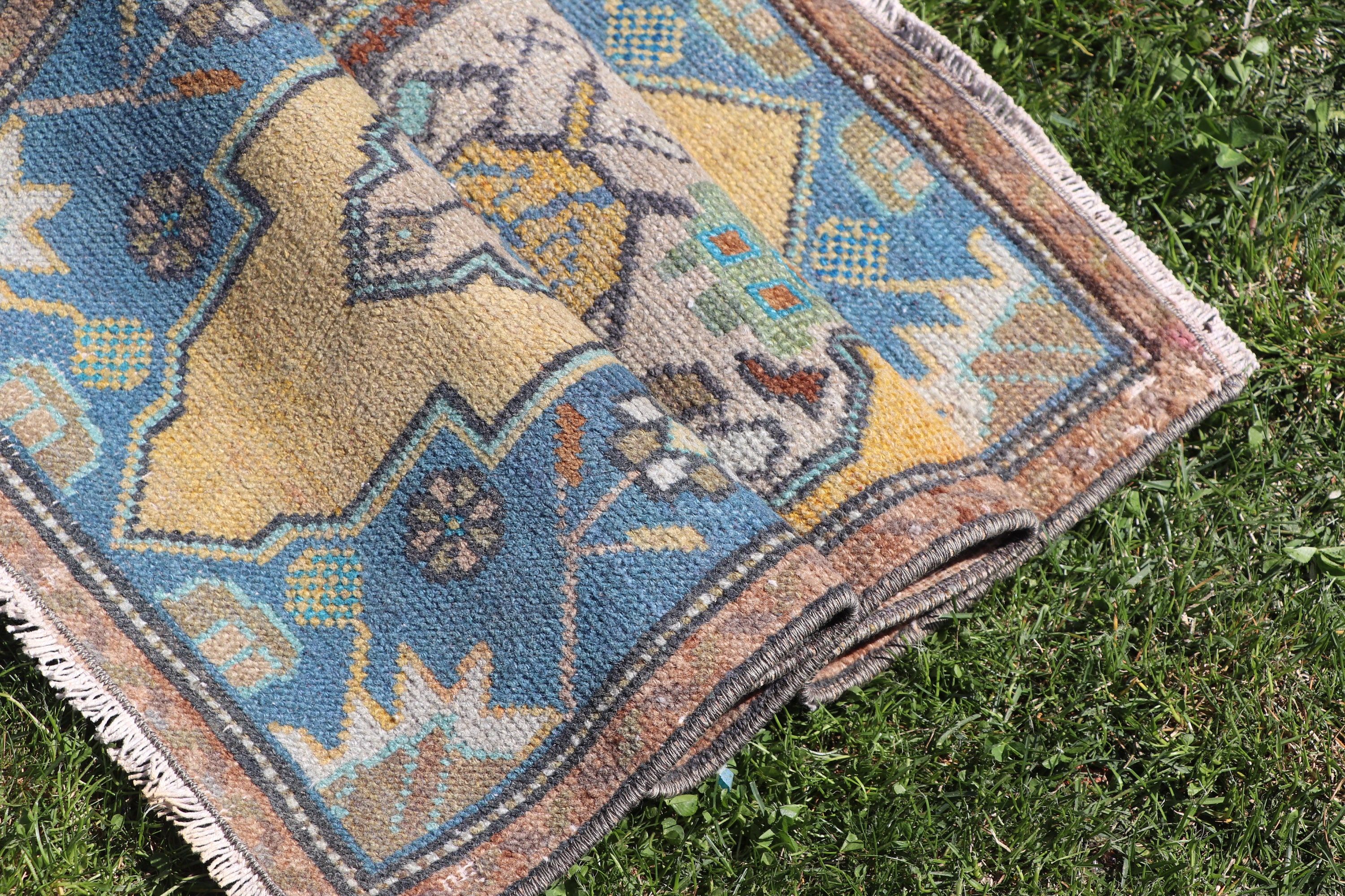 Vintage Halı, 1.5x3 ft Küçük Halılar, Oushak Halı, Sarı El Dokuma Halı, Türk Halısı, Sanatsal Halılar, Geometrik Halılar, Küçük Boho Halı, Banyo Halısı