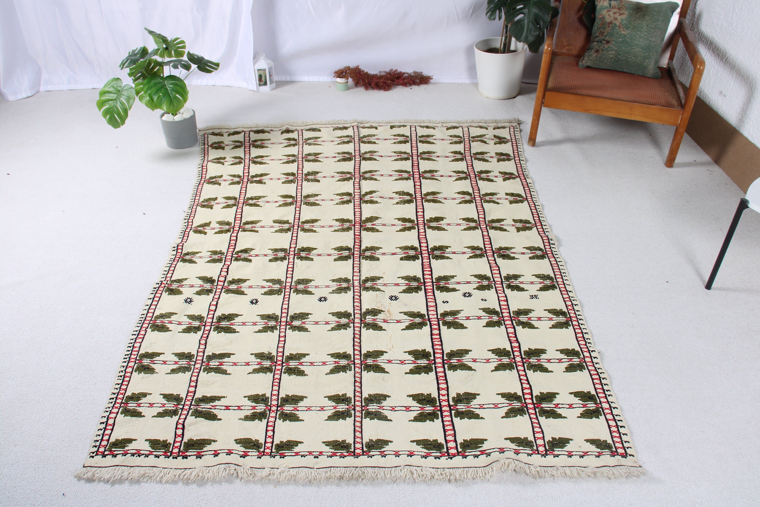 Boho Bölge Halısı, Bej El Dokuma Halılar, Fas Halısı, Kilim, Vintage Alan Halıları, Vintage Halılar, Türk Halıları, Nötr Halılar, 4,6x6,4 ft Alan Halısı