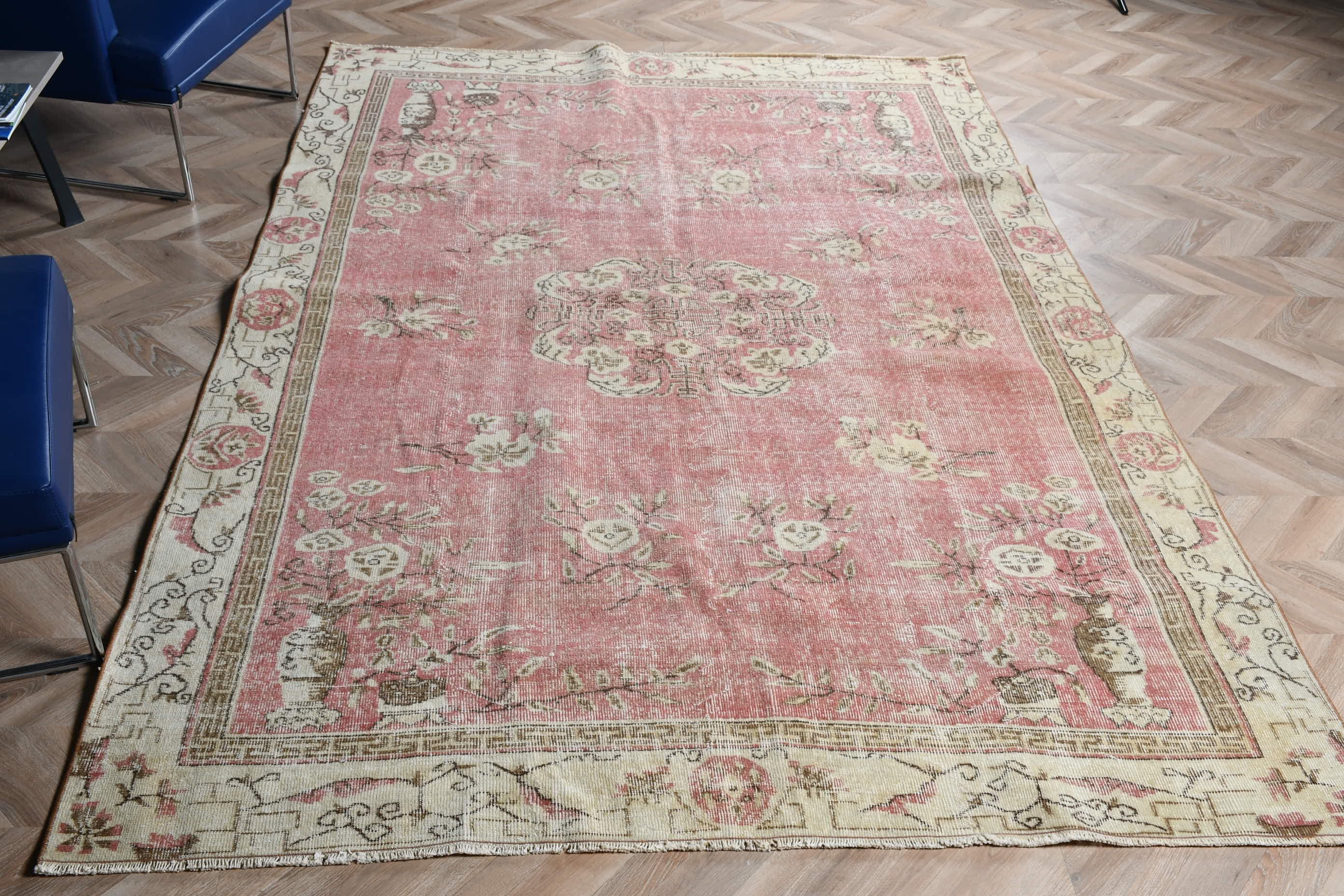 Yatak Odası Halıları, Salon Halıları, Salon Halıları, Pembe Anadolu Halısı, Vintage Halı, Mutfak Halısı, 6.4x9.7 ft Büyük Halı, Türk Halısı, El Dokuma Halıları