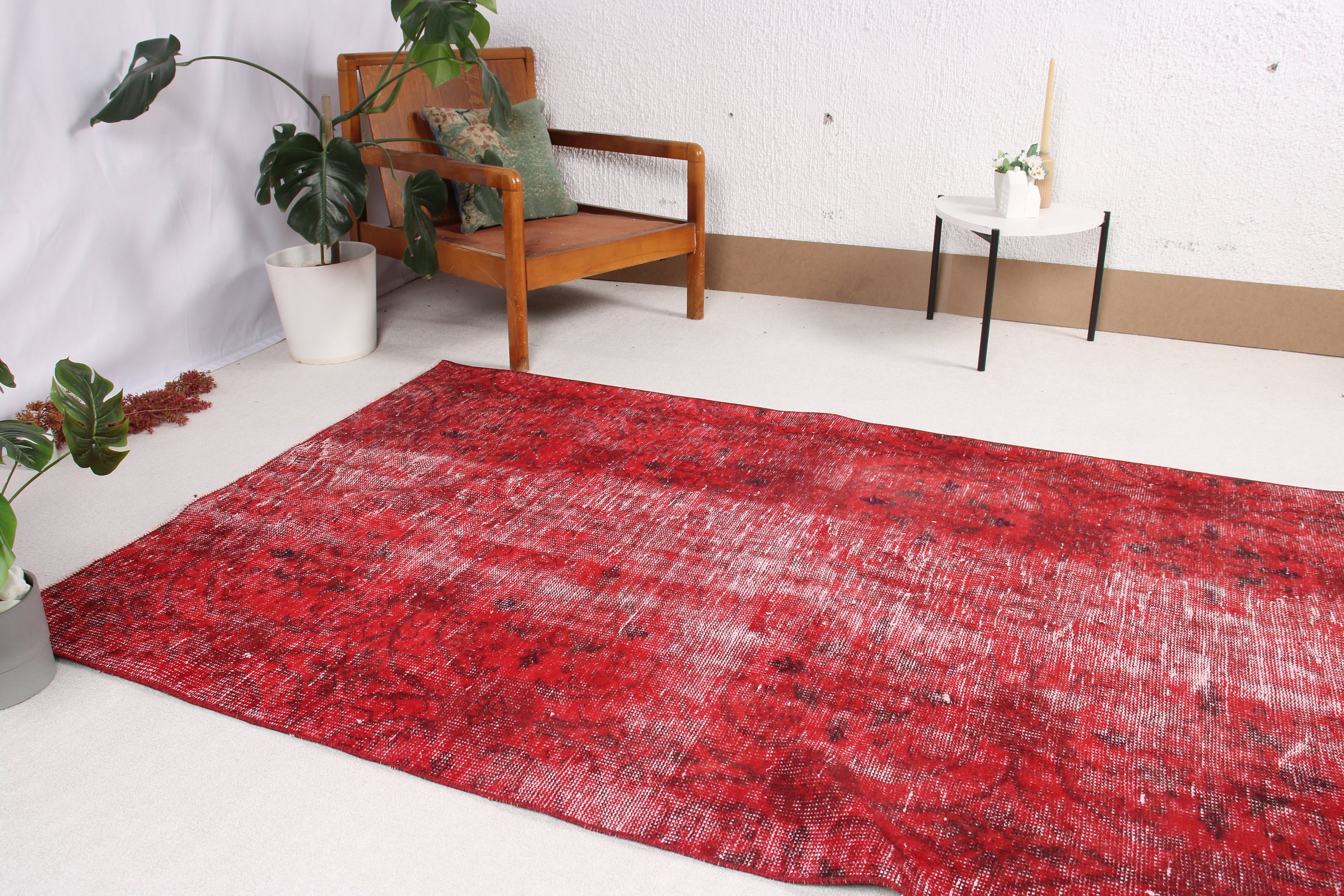 Vintage Rug, Handwoven Rug, Turkish Rug, Rugs for Kitchen, 4.4x7.4 ft Area Rug, Red Boho Rugs, Oriental Rug, Floor Rugs, Oushak Area Rugs