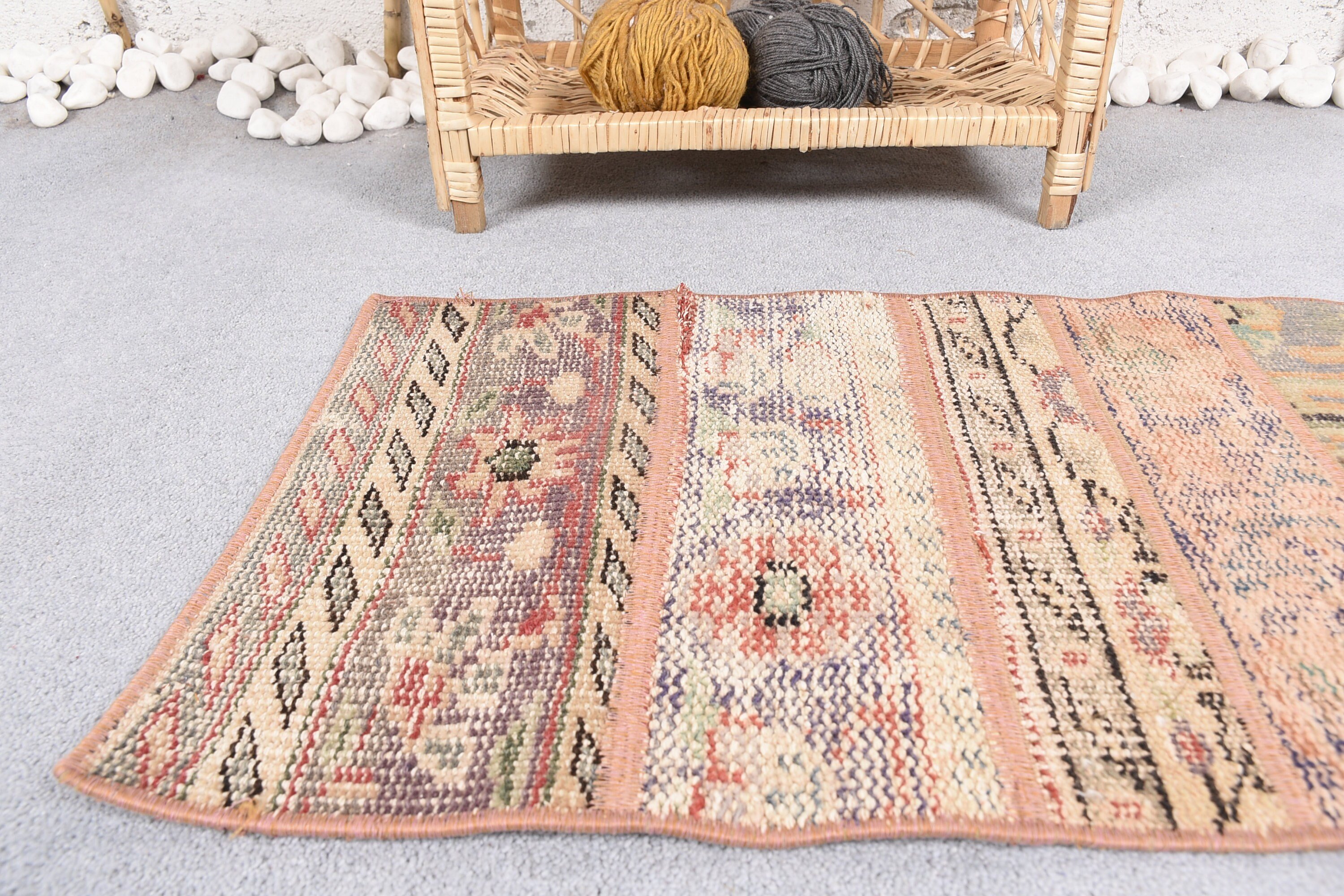 Bedroom Rugs, 1.4x3.5 ft Small Rug, Aesthetic Rugs, Vintage Rug, Car Mat Rug, Turkish Rug, Beige Wool Rug, Bathroom Rugs