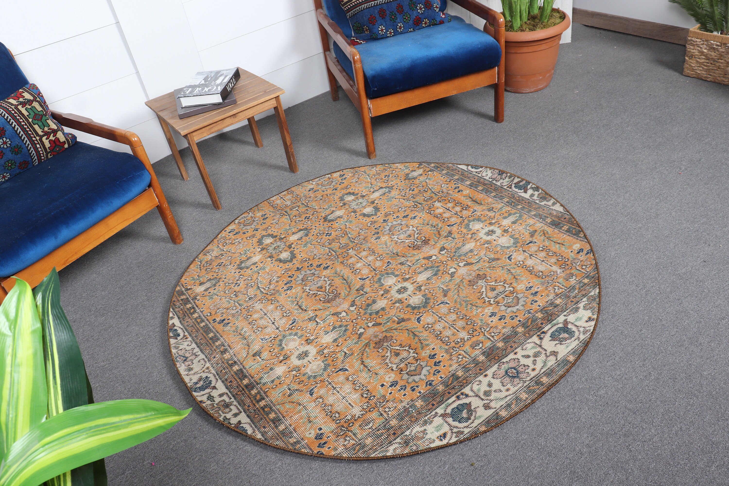 Vintage Halılar, Turuncu Yün Halı, Yatak Odası Halısı, Antika Halılar, Mutfak Halısı, Yün Halısı, Türk Halıları, 4.8x4.8 ft Accent Halıları, Giriş Halıları