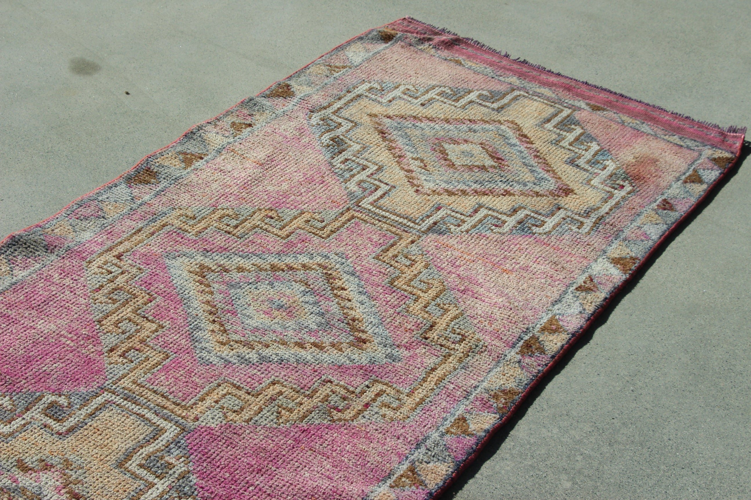 Pembe Geometrik Halılar, Vintage Halı, Koridor Halısı, Türk Halısı, 2.9x12.7 ft Runner Halısı, Düz Dokuma Halısı, Uzun Yolluk Halıları