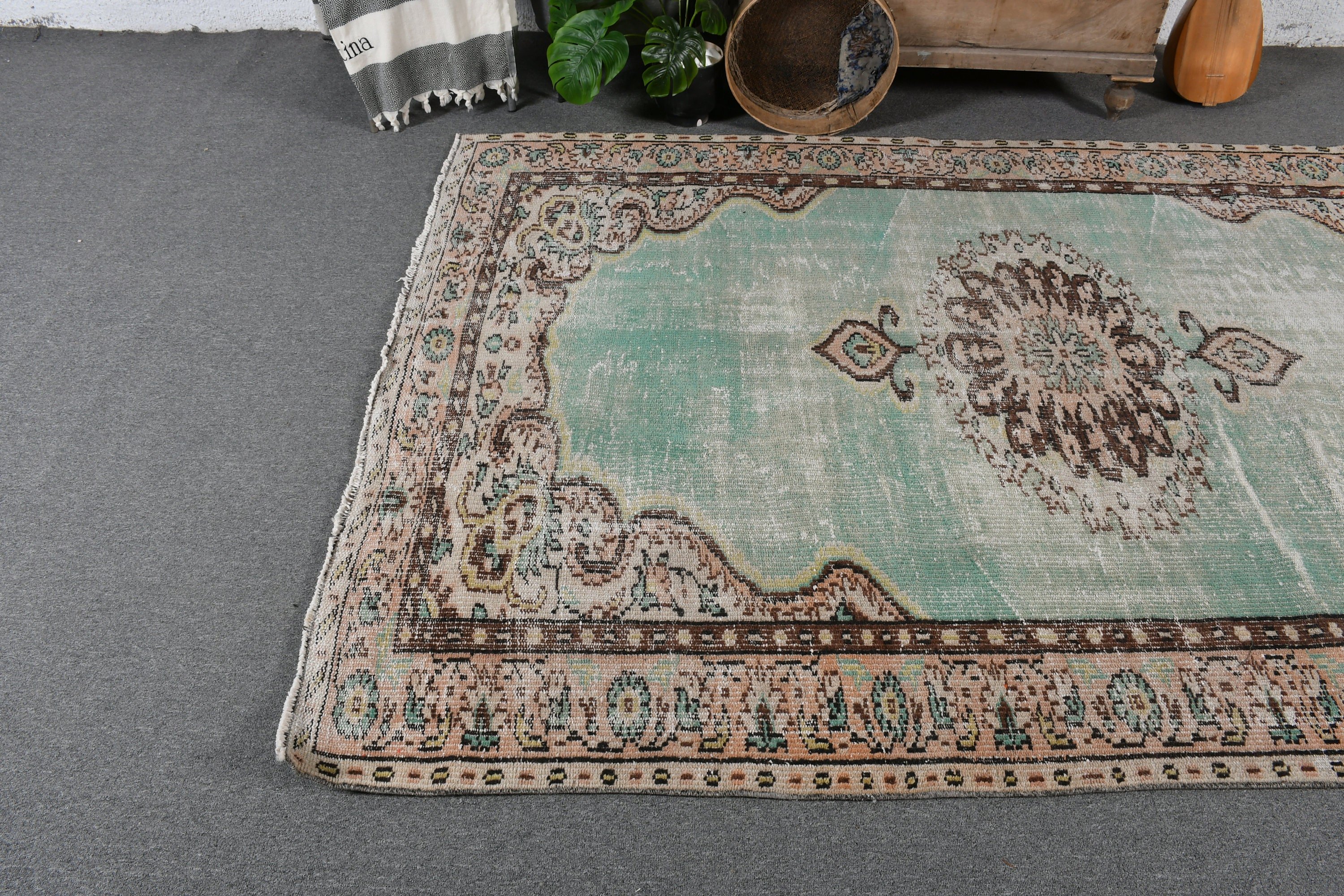 Fas Halısı, Vintage Halı, Yeşil Anadolu Halısı, Anadolu Halısı, Türk Halısı, Oturma Odası Halısı, Yemek Odası Halısı, 5.6x8.8 ft Büyük Halılar