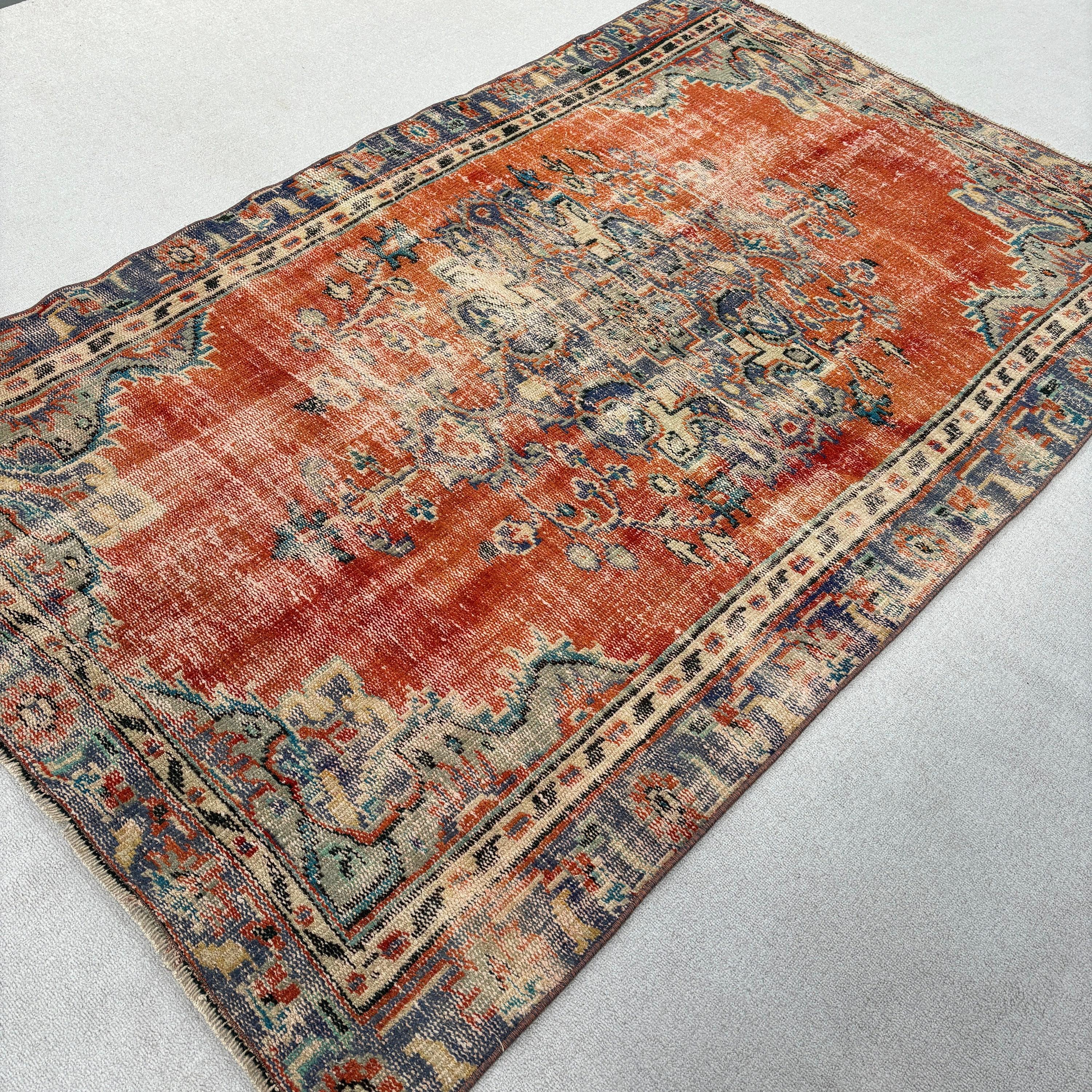 Turkish Rugs, Floor Rugs, Orange Boho Rugs, Bedroom Rugs, Traditional Rug, Vintage Rug, Handwoven Rug, 4.4x7.2 ft Area Rug, Moroccan Rug