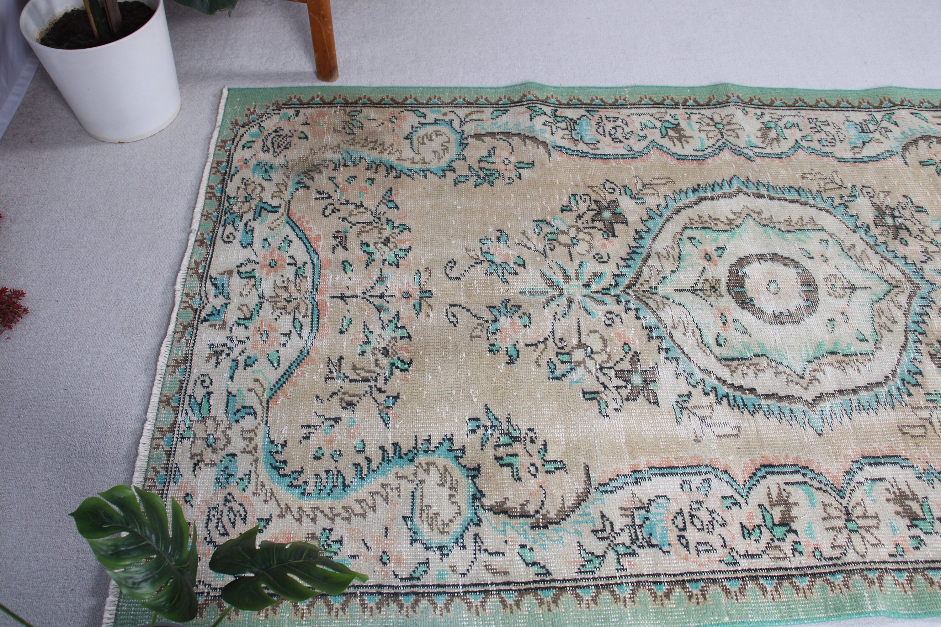 Türk Halısı, Vintage Halılar, Bej El Dokuma Halılar, Mutfak Halısı, Oushak Alan Halısı, Vintage Alan Halısı, 4.1x7.4 ft Alan Halıları, Yer Halıları