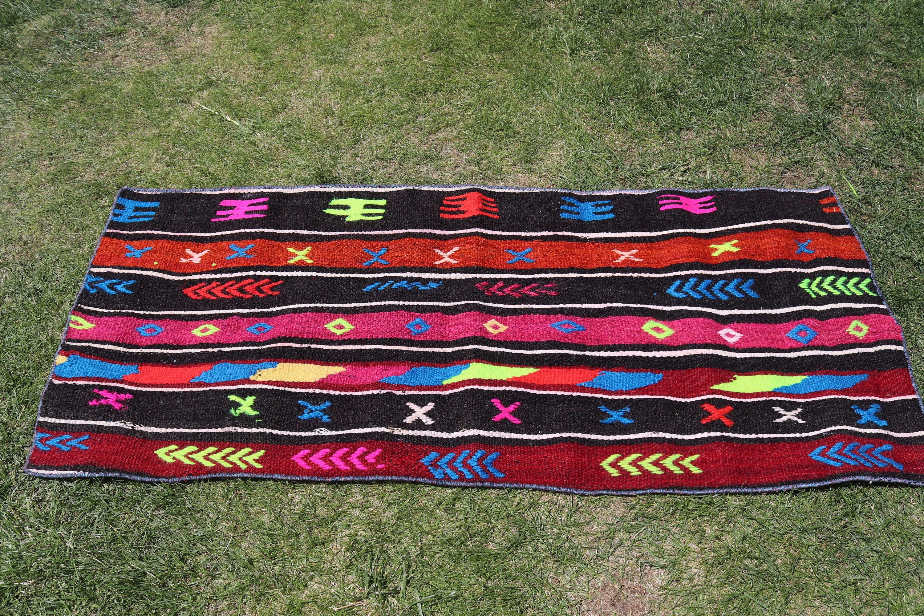 Turkish Rugs, Car Mat Rug, Antique Rugs, Modern Rug, Door Mat Rug, Kilim, Black Boho Rug, Vintage Rugs, Outdoor Rugs, 2.2x5 ft Small Rug