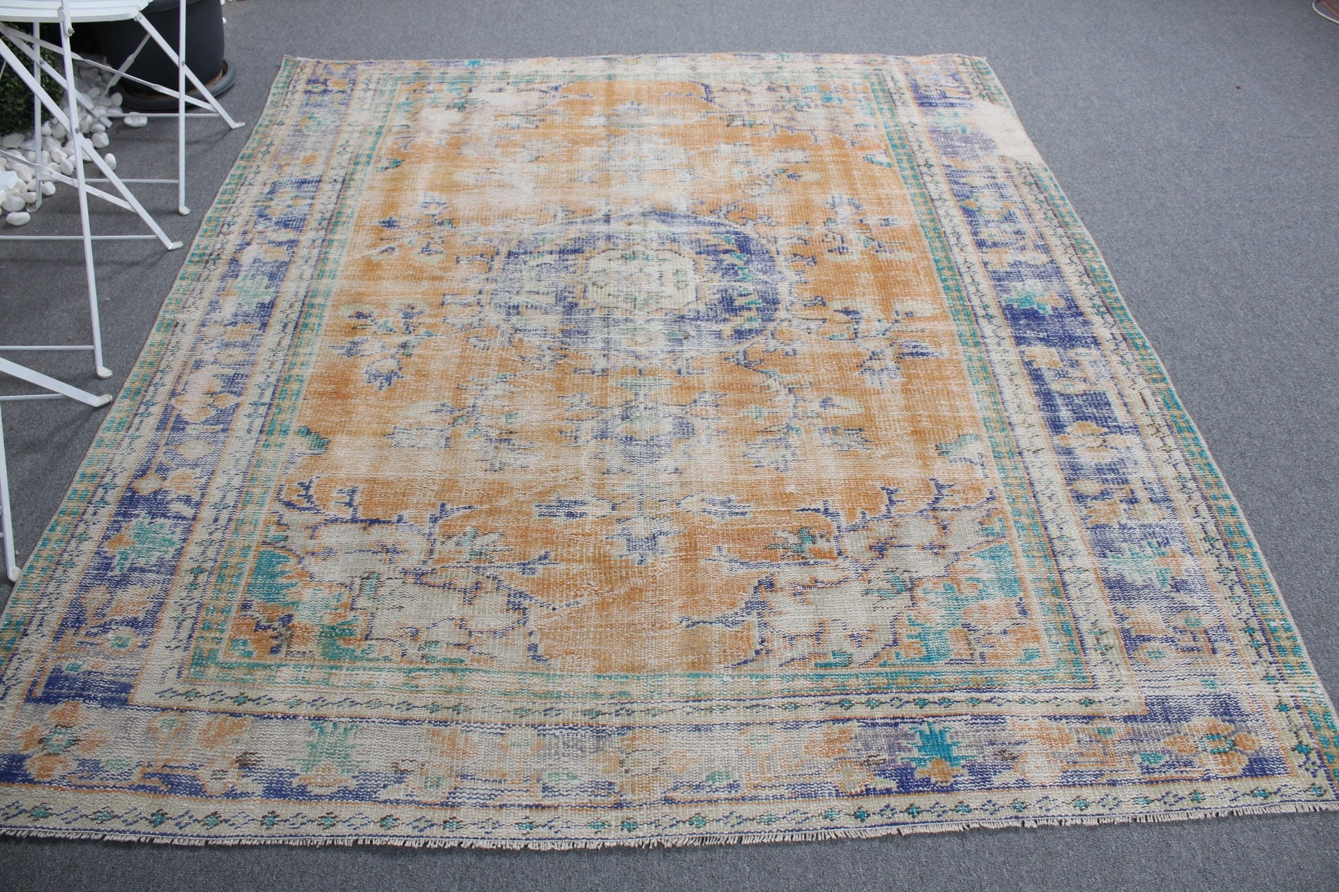 Vintage Halı, Yatak Odası Halısı, Eski Halılar, Yer Halısı, 6.4x7.5 ft Büyük Halı, Turuncu Oushak Halıları, Anadolu Halısı, Türk Halısı, Yemek Odası Halıları