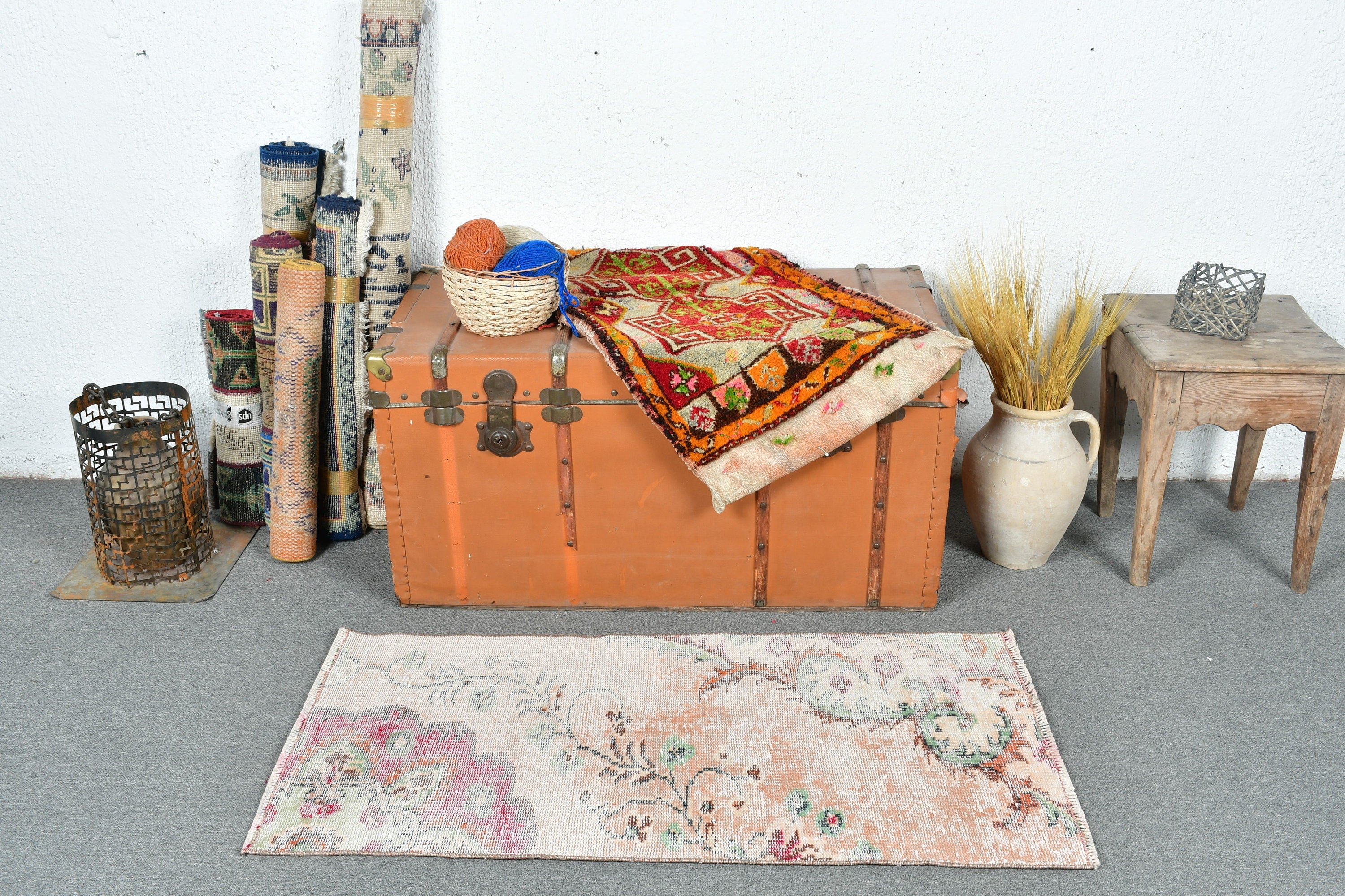 Car Mat Rugs, Vintage Rugs, Bedroom Rug, Pink Floor Rug, Turkish Rugs, 1.9x3.8 ft Small Rug, Oushak Rug, Kilim, Door Mat Rugs, Natural Rug