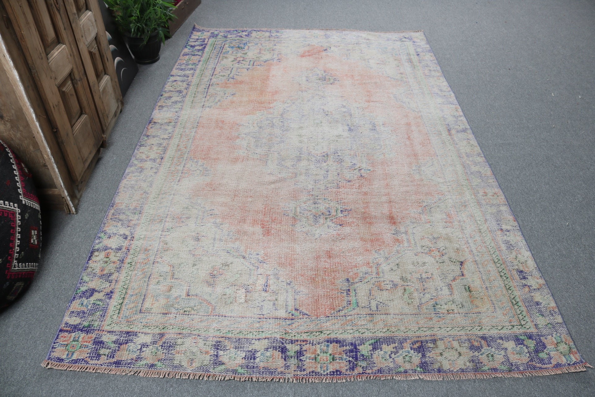 Büyük Boho Halı, Havalı Halılar, Vintage Halı, Oturma Odası Halıları, Türk Halıları, 5.5x8.5 ft Büyük Halı, Düz Dokuma Halı, Turuncu Ev Dekor Halıları