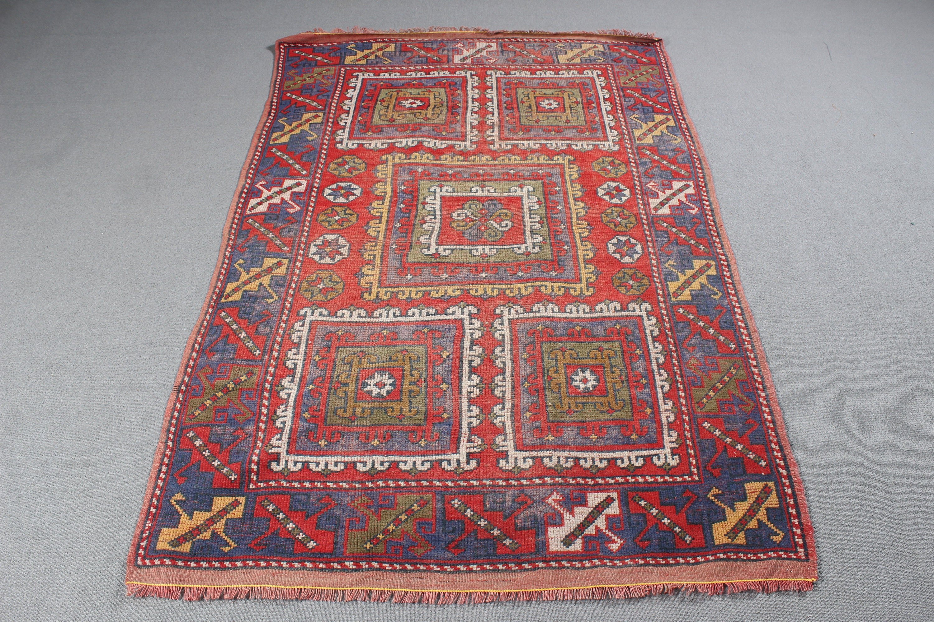 Kırmızı El Dokuma Halı, Organik Halı, Vintage Halı, 4.1x6.4 ft Alan Kilimi, Havalı Halılar, Yemek Odası Halıları, Vintage Alan Halısı, Mutfak Halıları, Türk Halısı