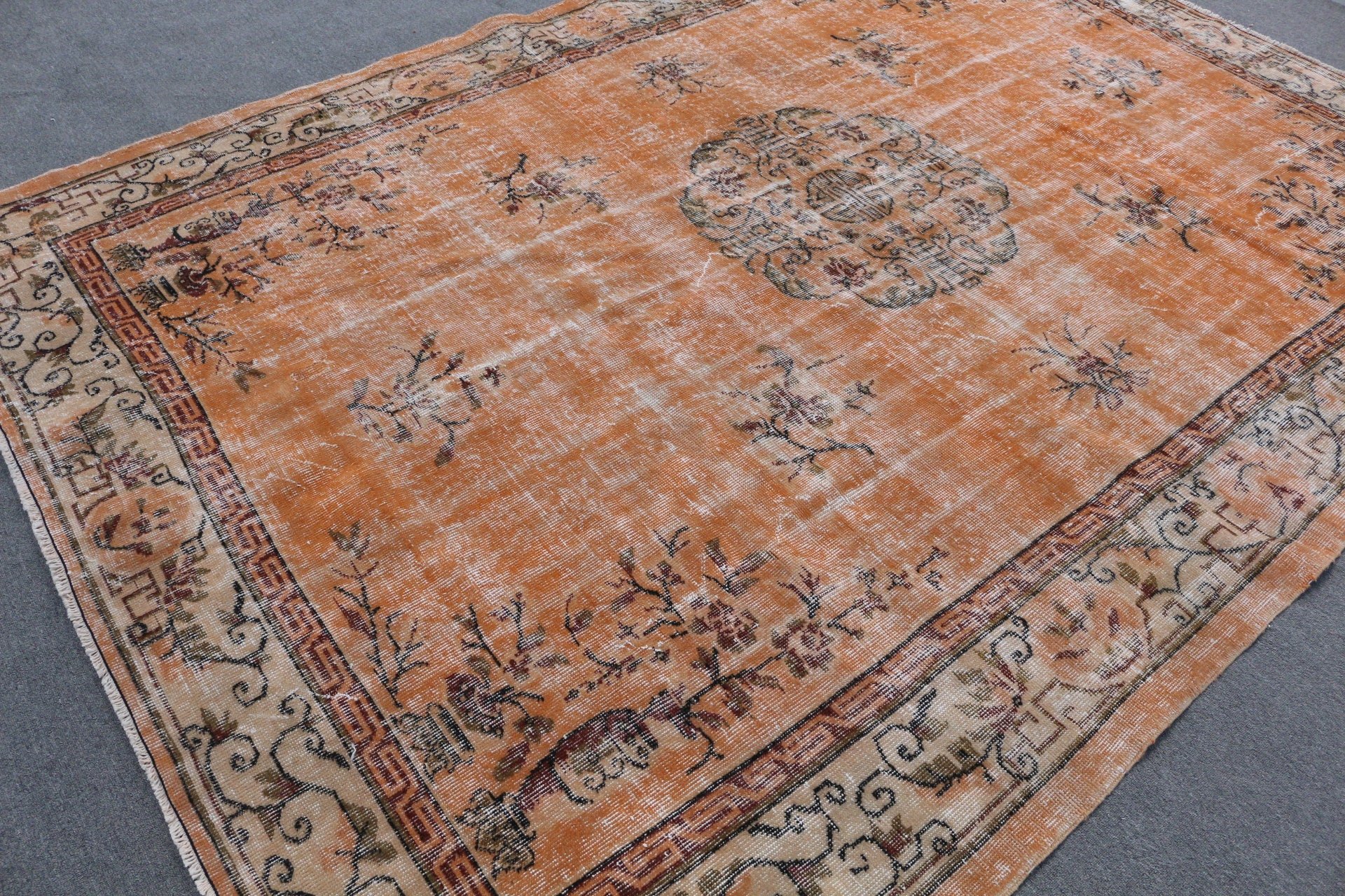 7.3x10.1 ft Oversize Rugs, Saloon Rug, Dining Room Rug, Oriental Rugs, Vintage Rug, Turkish Rug, Orange Home Decor Rugs, Bedroom Rug