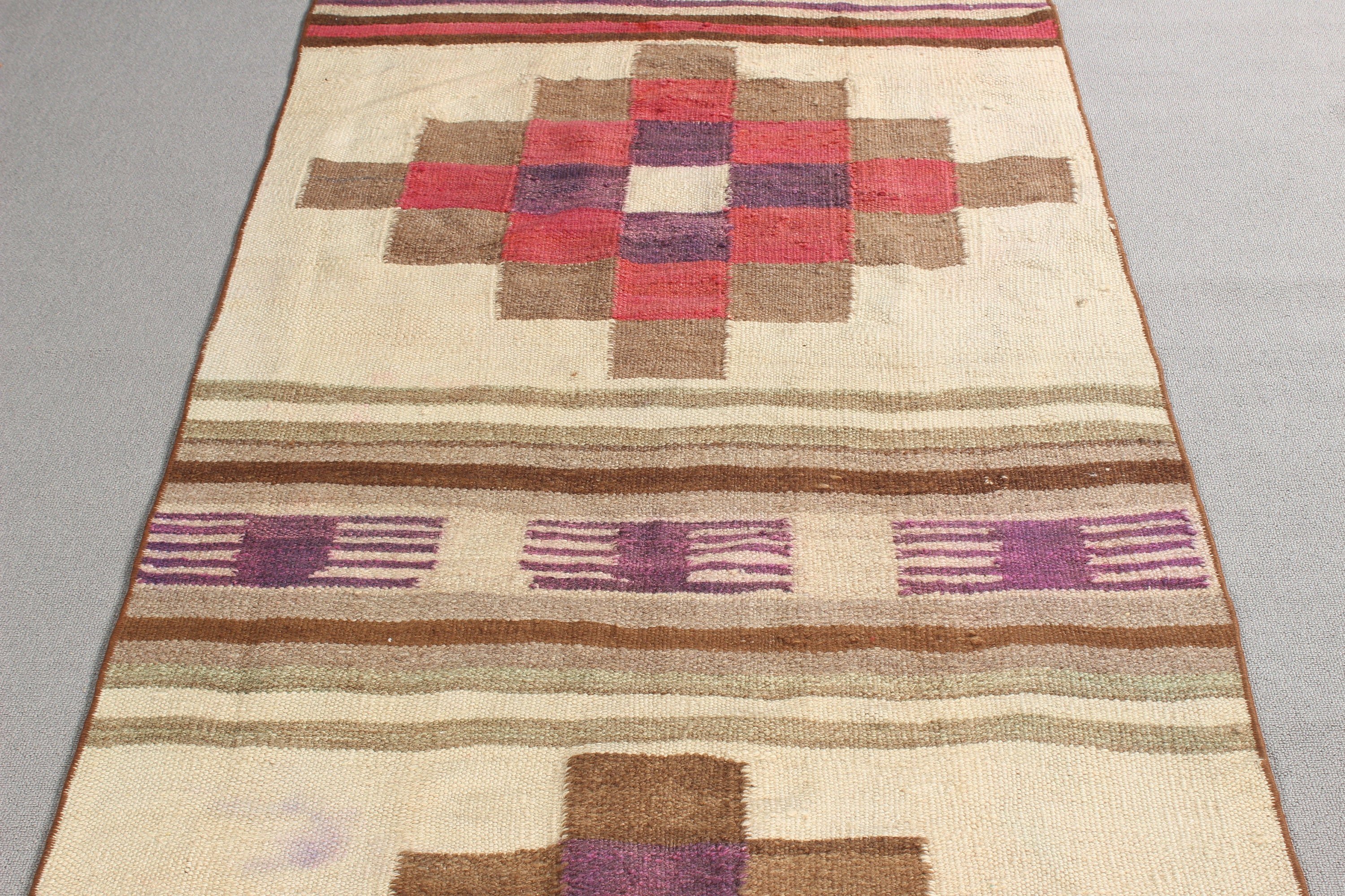 Lüks Halılar, Bej El Dokuma Halılar, Düz Dokuma Halı, 3,2x12,6 ft Runner Halı, Vintage Halı, Türk Halısı, Kilim, Koridor Halıları, El Dokuma Halılar