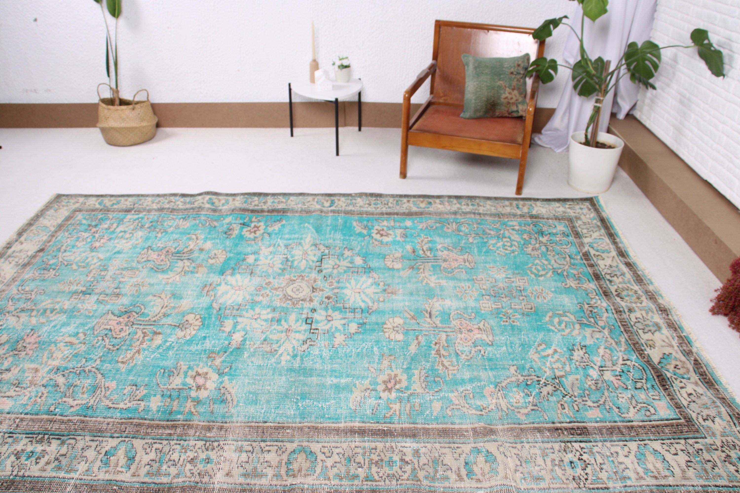 Oushak Halıları, Oryantal Halıları, Türk Halıları, Yemek Odası Halısı, Büyük Oushak Halısı, Vintage Halıları, Mavi Oryantal Halısı, 6,1x9,3 ft Büyük Halıları