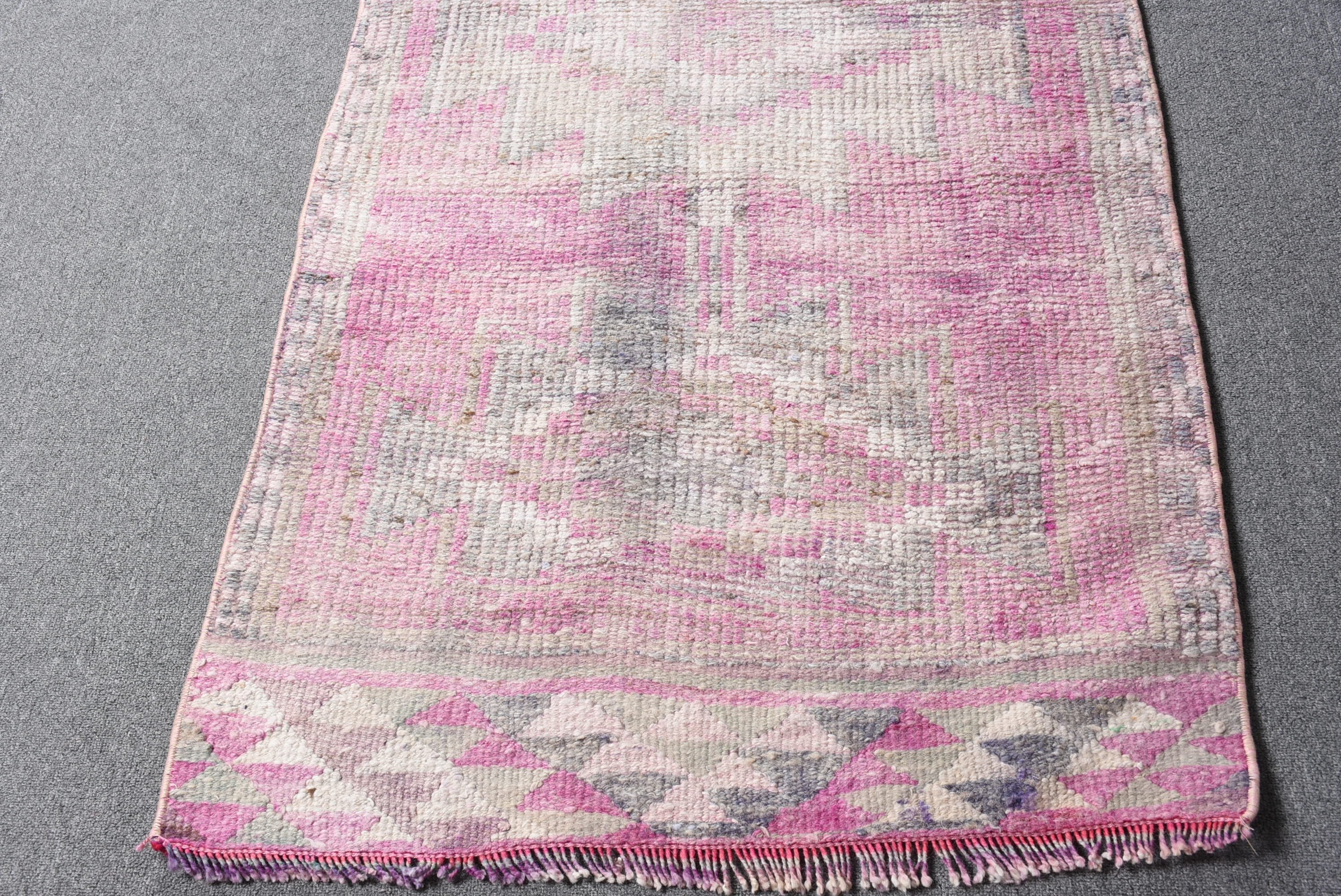 Vintage Rug, Pink Anatolian Rug, 2.8x11.5 ft Runner Rug, Floor Rug, Hallway Rug, Corridor Rugs, Rugs for Kitchen, Wool Rugs, Turkish Rugs