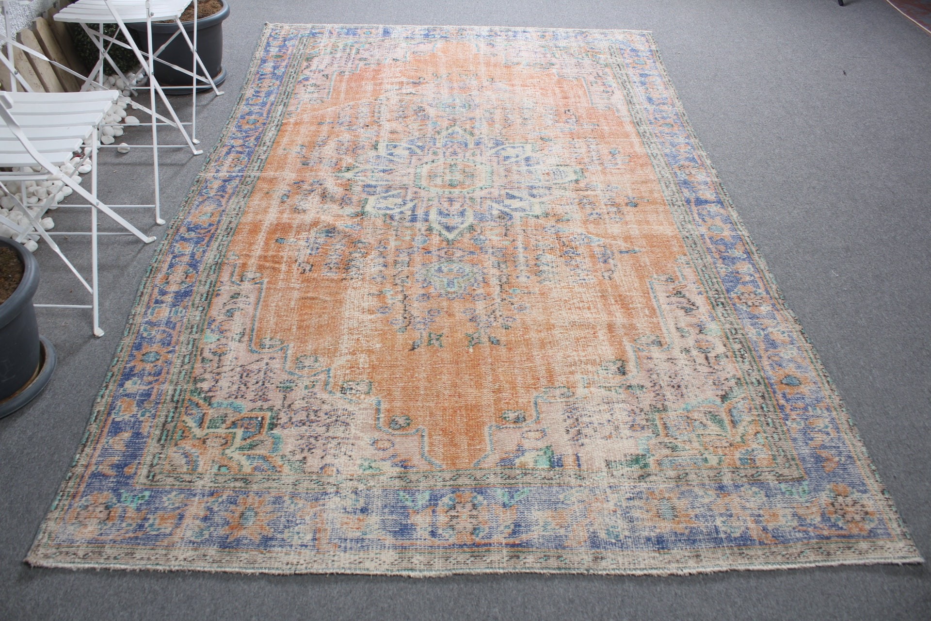 Eski Halı, 5.9x9.4 ft Büyük Halı, Oushak Halıları, Yatak Odası Halıları, Türk Halısı, Turuncu Oryantal Halı, Yatak Odası Halısı, Vintage Halılar, Yemek Odası Halısı