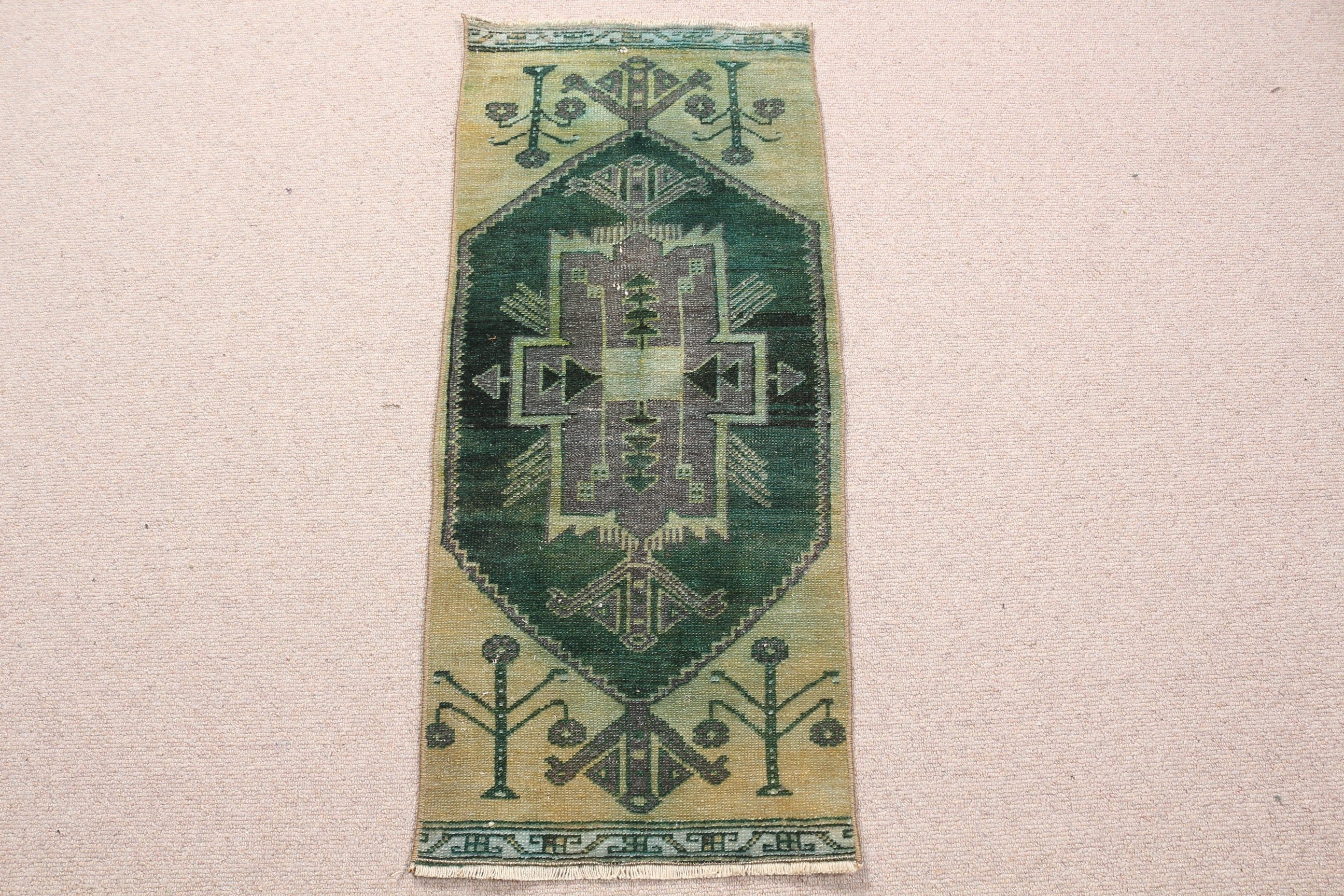 Home Decor Rug, Vintage Rugs, Door Mat Rug, Turkish Rug, Green  1.4x3.3 ft Small Rug, Wall Hanging Rugs, Old Rug