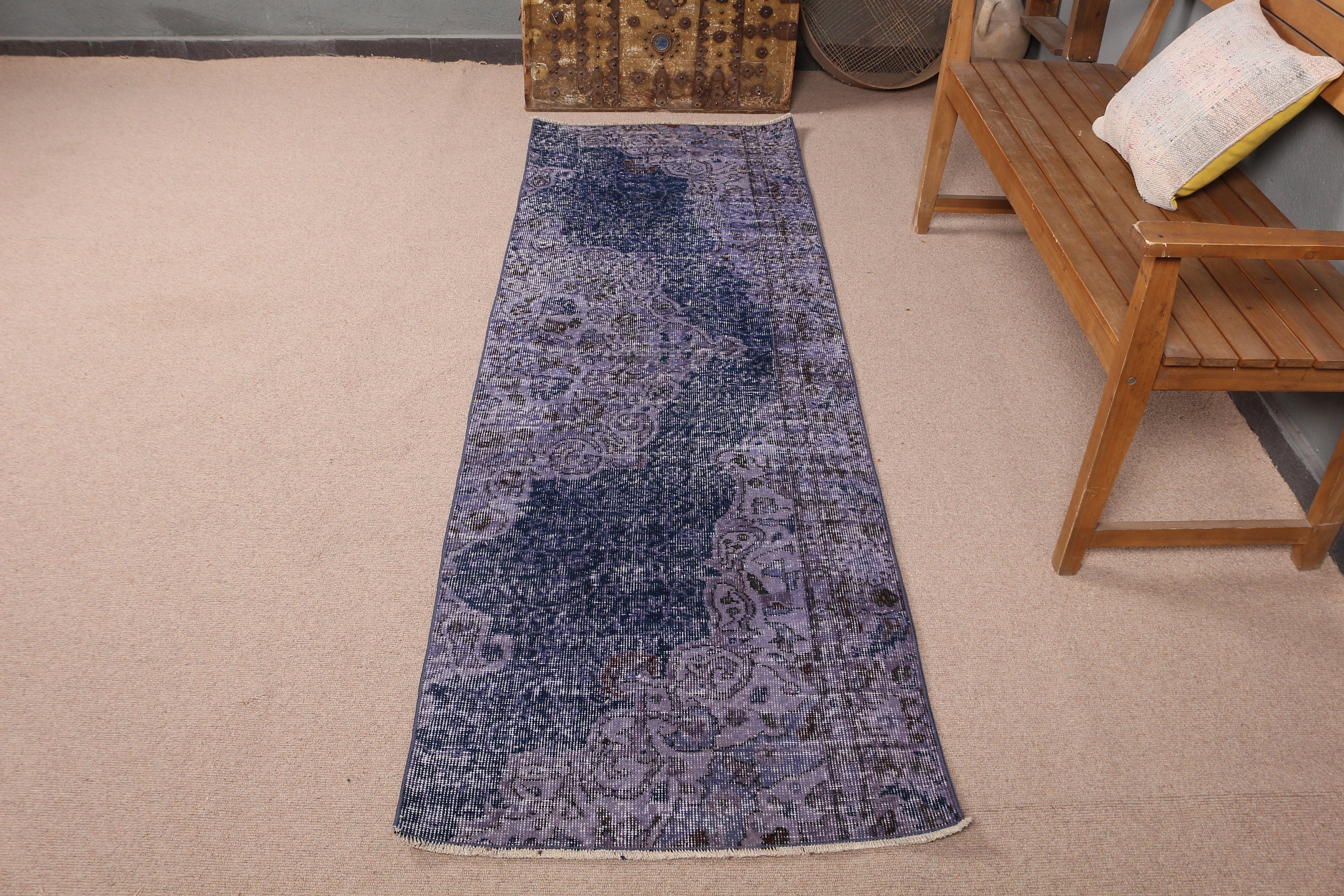 Blue Oushak Rug, Boho Rug, Anatolian Rugs, 2.5x7.7 ft Runner Rug, Rugs for Stair, Turkish Rugs, Kitchen Rug, Vintage Rug