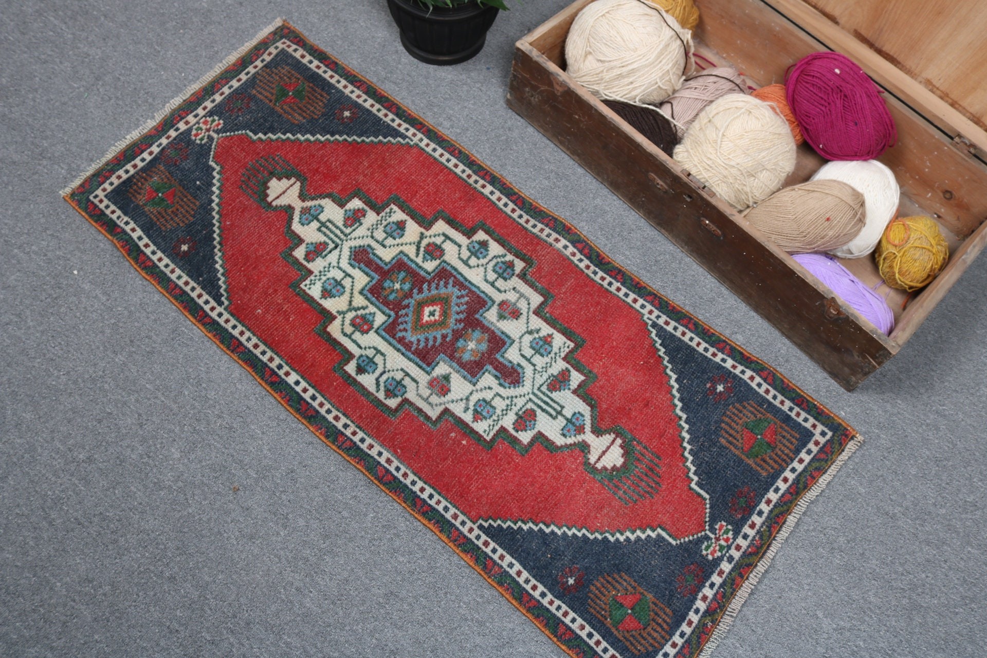 1.6x3.8 ft Small Rugs, Vintage Rug, Antique Rug, Turkish Rug, Kitchen Rug, Geometric Rug, Bathroom Rug, Red Handwoven Rugs, Boho Rug