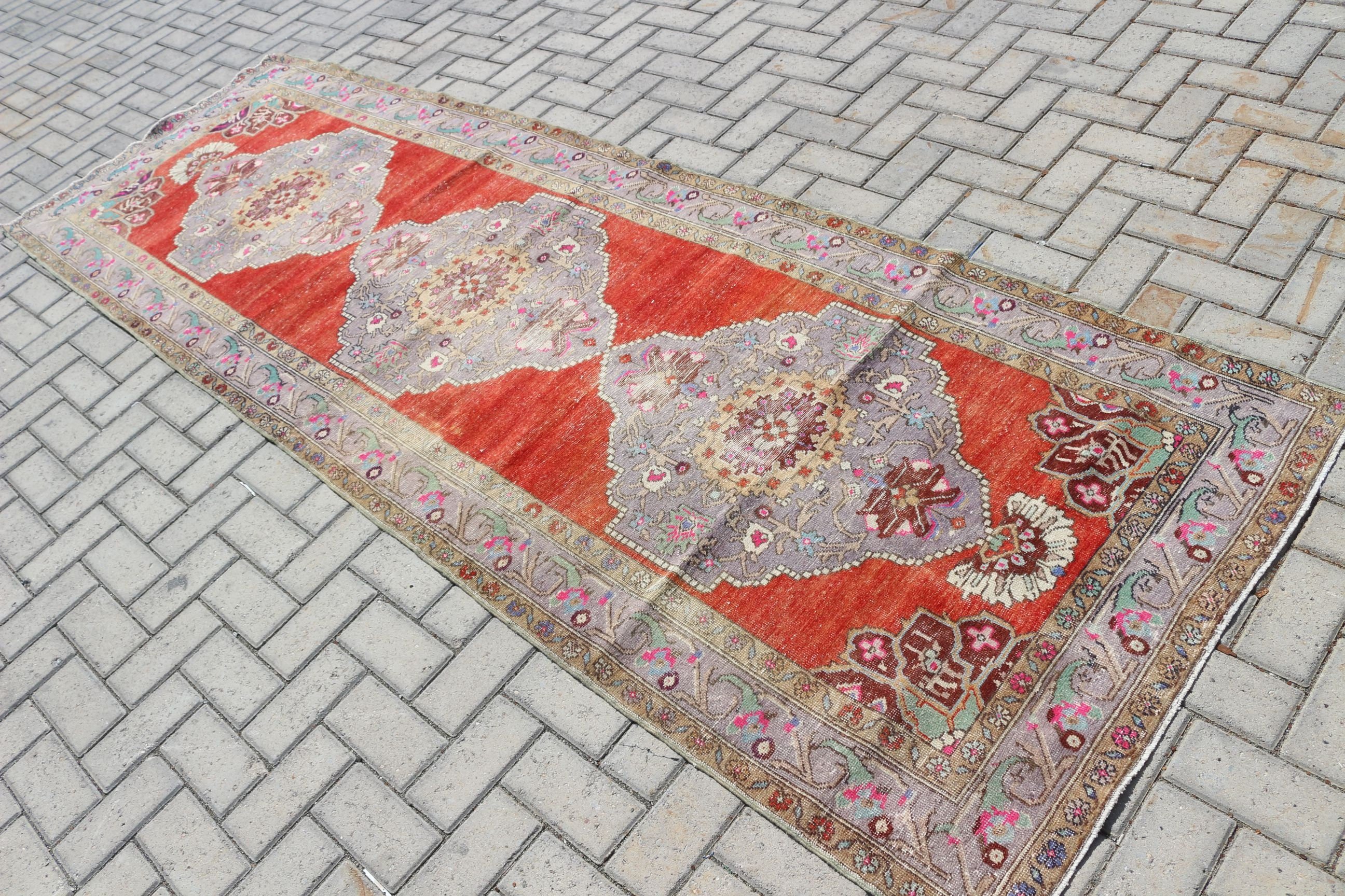 Aesthetic Rug, Turkish Rugs, Kitchen Rugs, Rugs for Corridor, 3.4x10.4 ft Runner Rug, Antique Rug, Corridor Rug, Red Wool Rugs, Vintage Rug