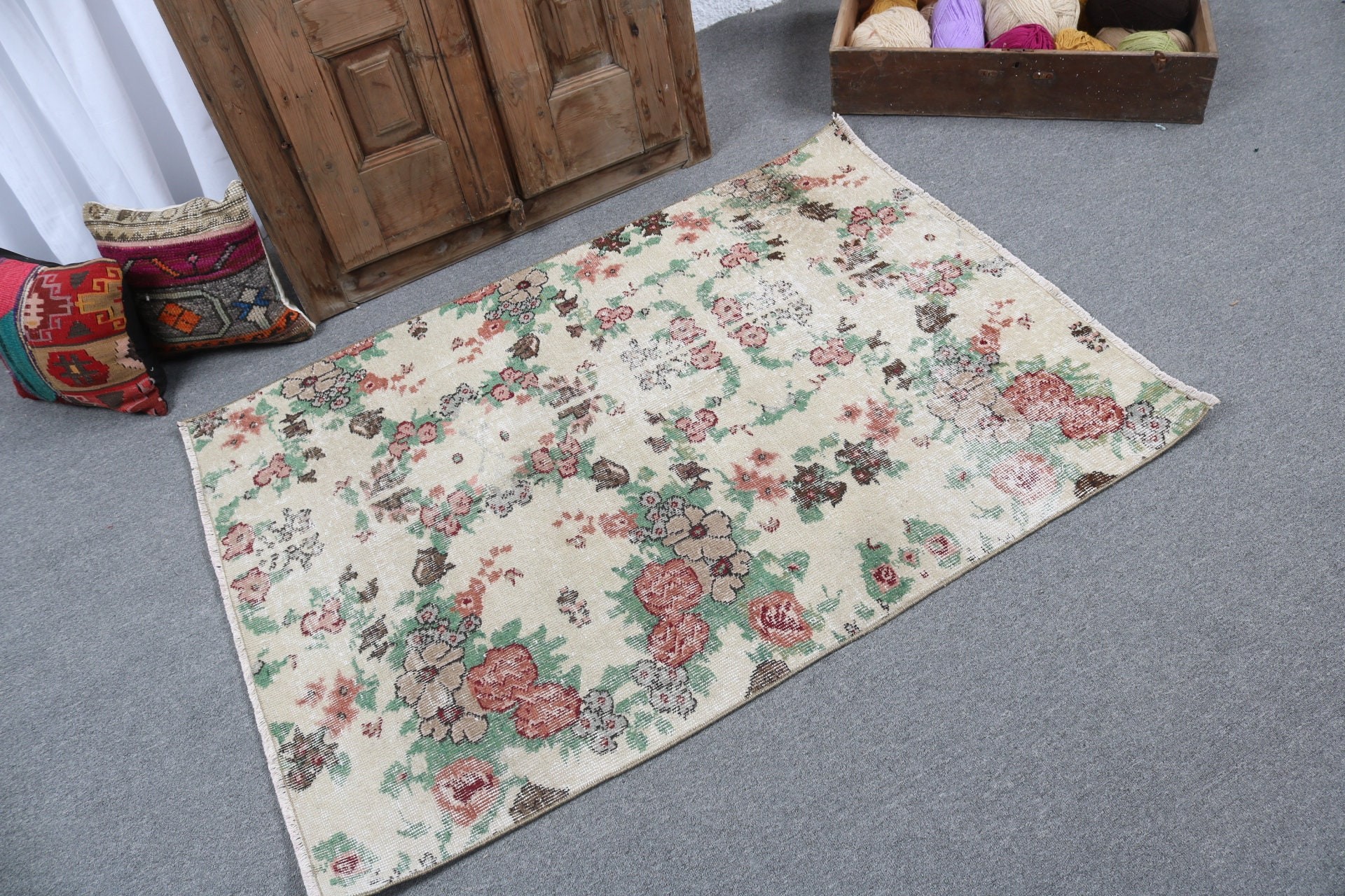 Floor Rugs, Beige Statement Rugs, Artistic Rug, Bath Rug, Vintage Rugs, 3.2x4.6 ft Small Rug, Small Area Rug, Turkish Rugs