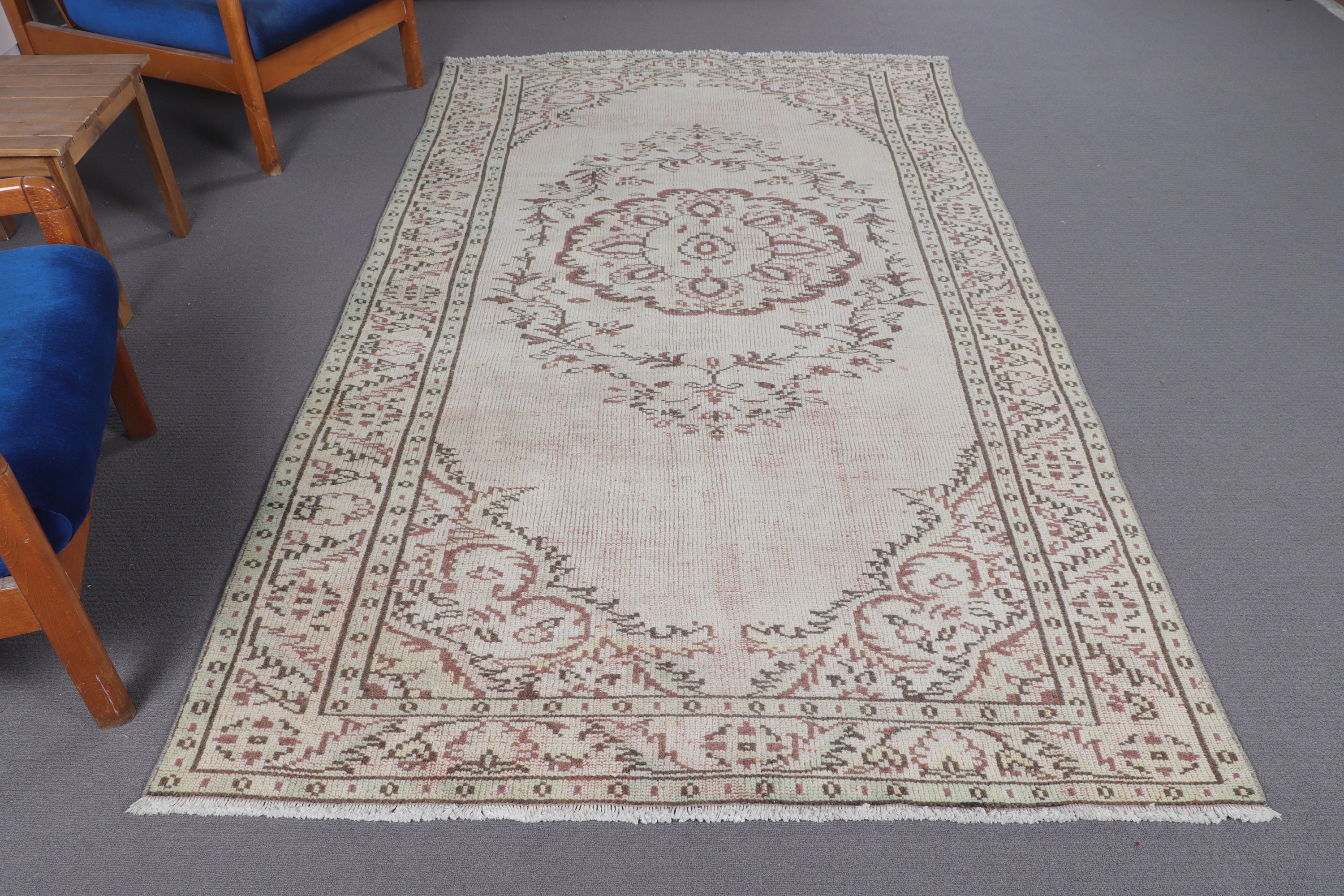 4,7x8,6 ft Büyük Halı, Büyük Oushak Halıları, Oturma Odası Halıları, Vintage Halı, Bej Yün Halı, Havalı Halı, Etnik Halılar, Açıklama Halıları, Türk Halısı