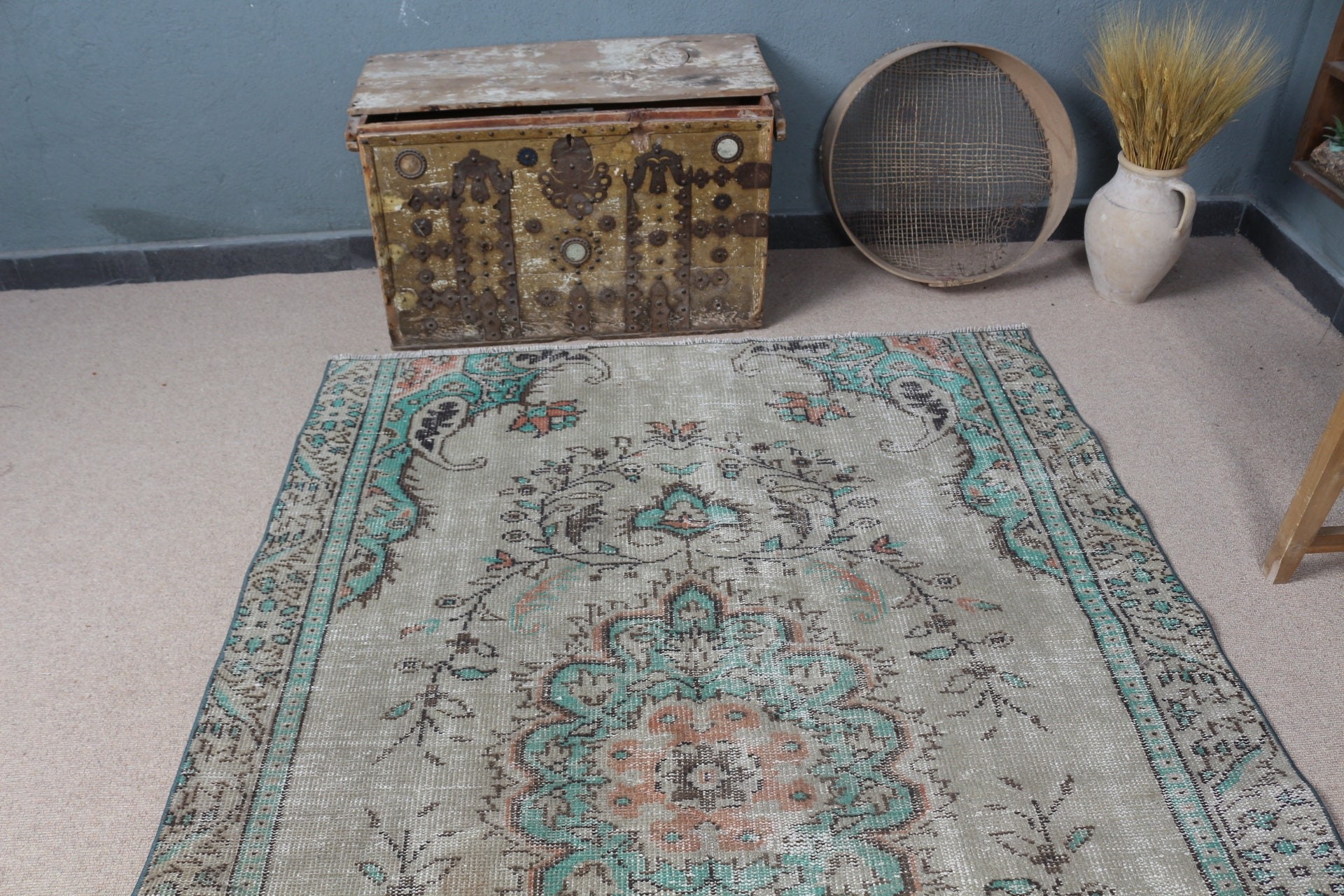 Yeşil 5x7,3 ft Alan Halıları, Vintage Halılar, Yemek Odası Halısı, Alan Halıları, Türk Halıları, Fas Halısı, Türkiye Halısı