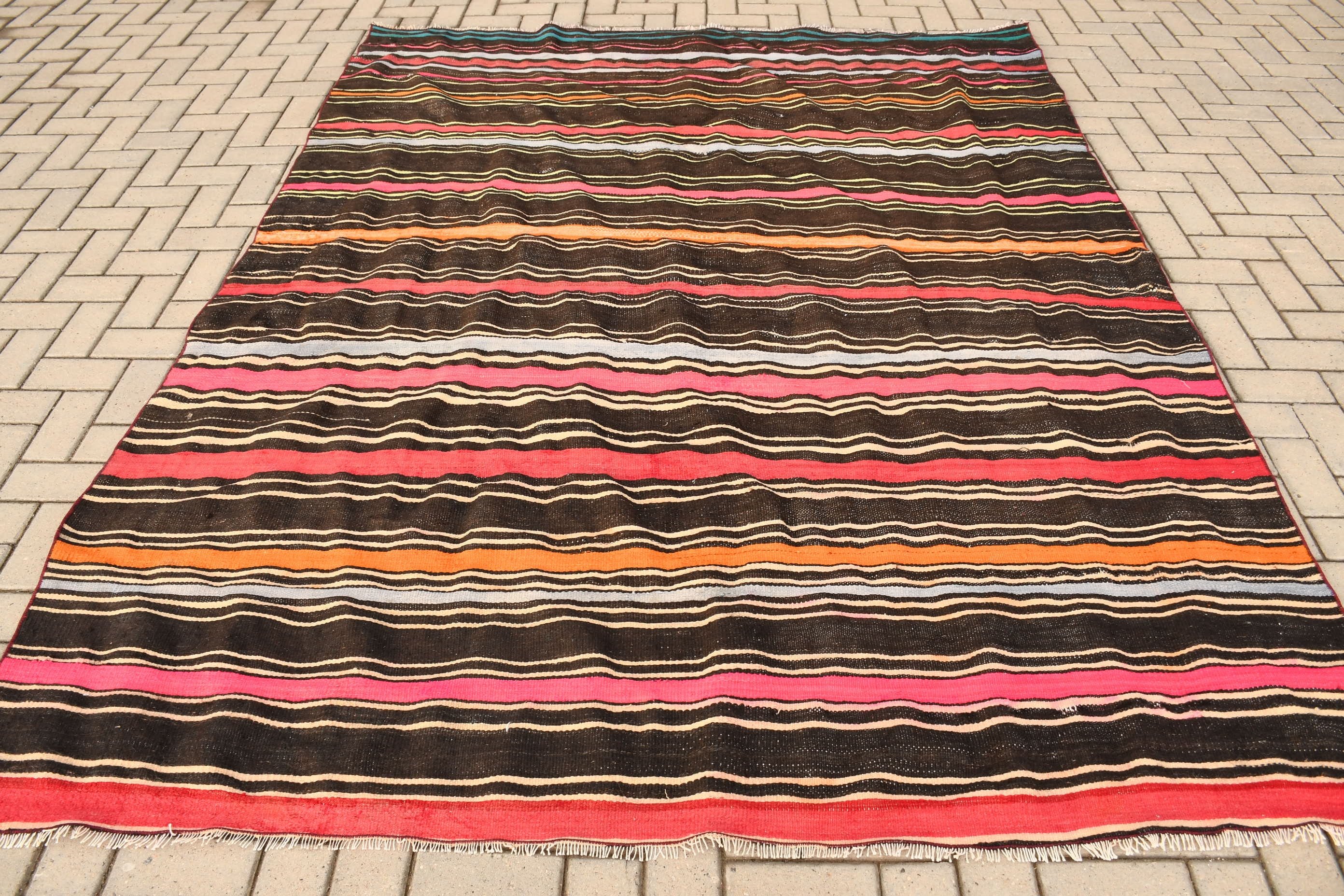 Kilim, Yer Halıları, Oushak Halı, Boho Halı, Siyah Havalı Halılar, Türk Halıları, Vintage Halılar, Yatak Odası Halısı, Oturma Odası Halıları, 6,9x8,8 ft Büyük Halılar